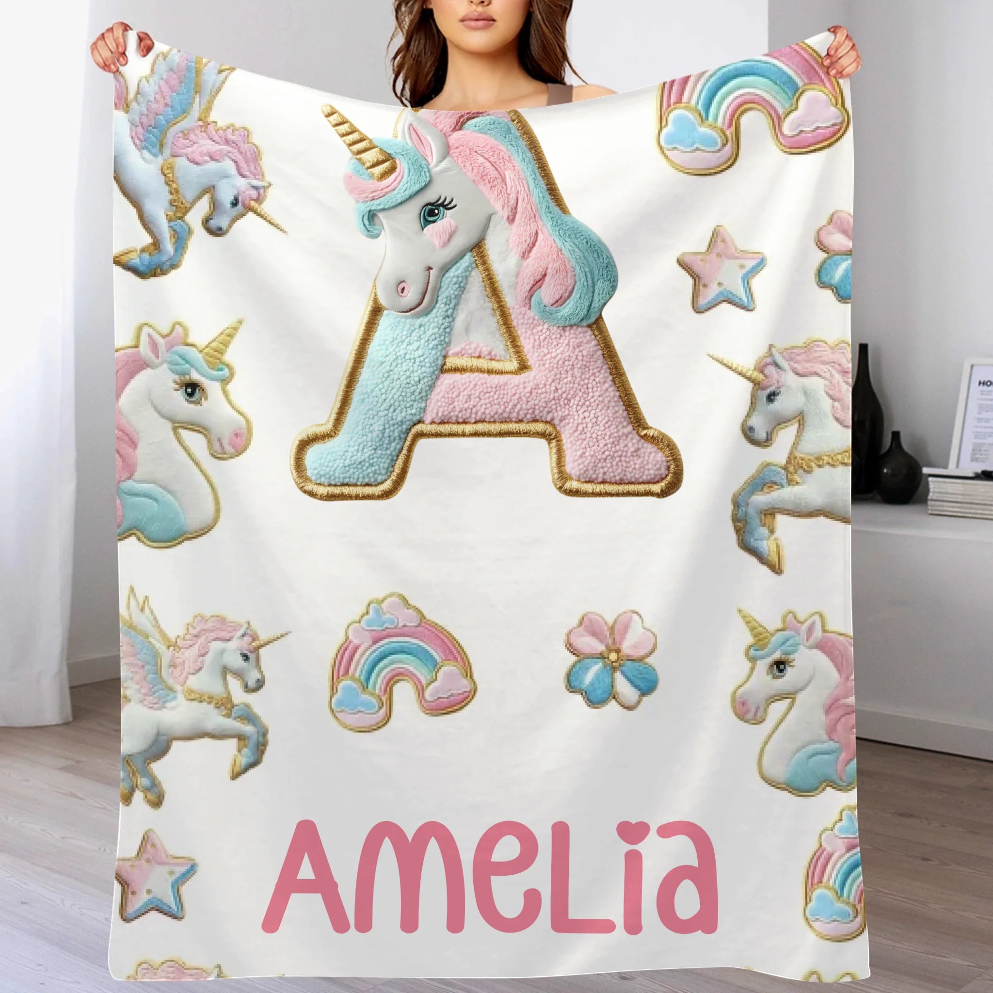 Custom Unicorn Alphabet Blanket - Personalized Initial & Name Rainbow Throw - Gift for Girls, Kids