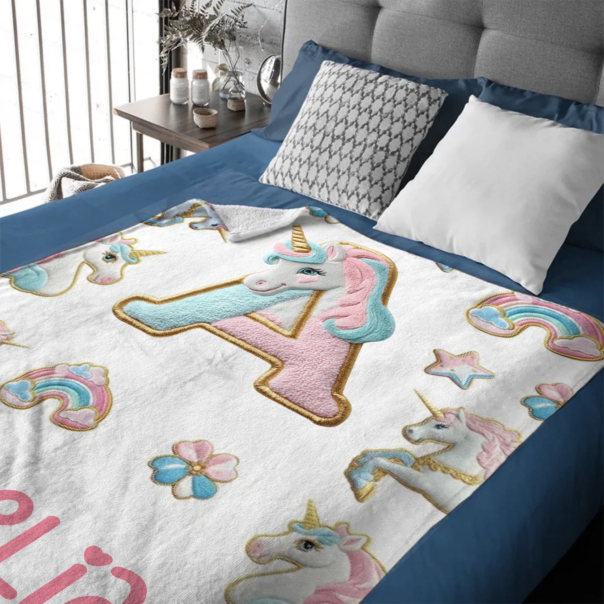 Custom Unicorn Alphabet Blanket - Personalized Initial & Name Rainbow Throw - Gift for Girls, Kids