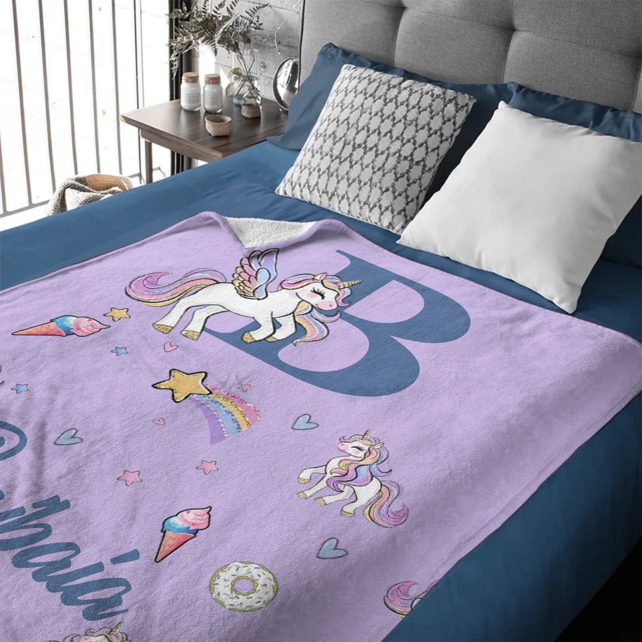 Custom Unicorn Initial Blanket - Personalized Letter & Name Kids Throw - Gift for Girls