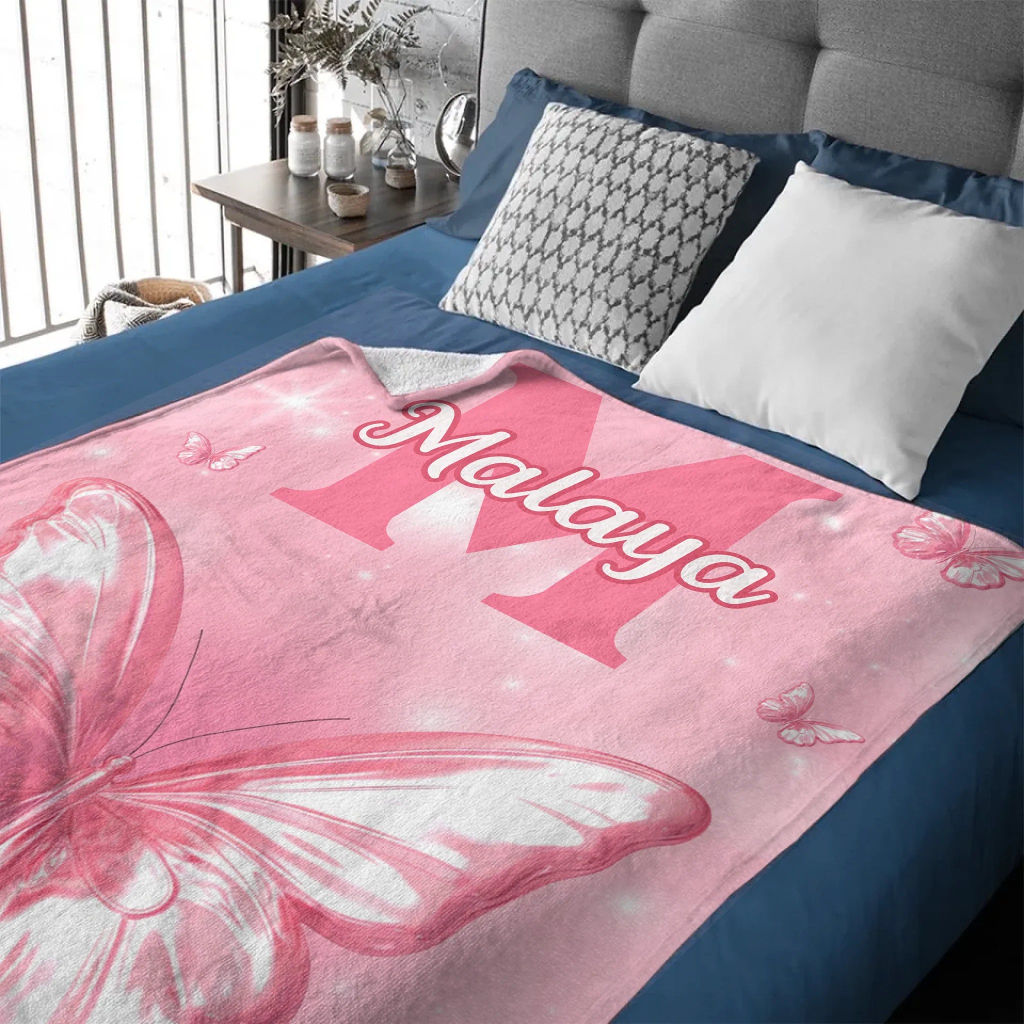 Pink Butterfly Pattern Name Custom Initials Custom Girl Blanket - A Gift For Girls