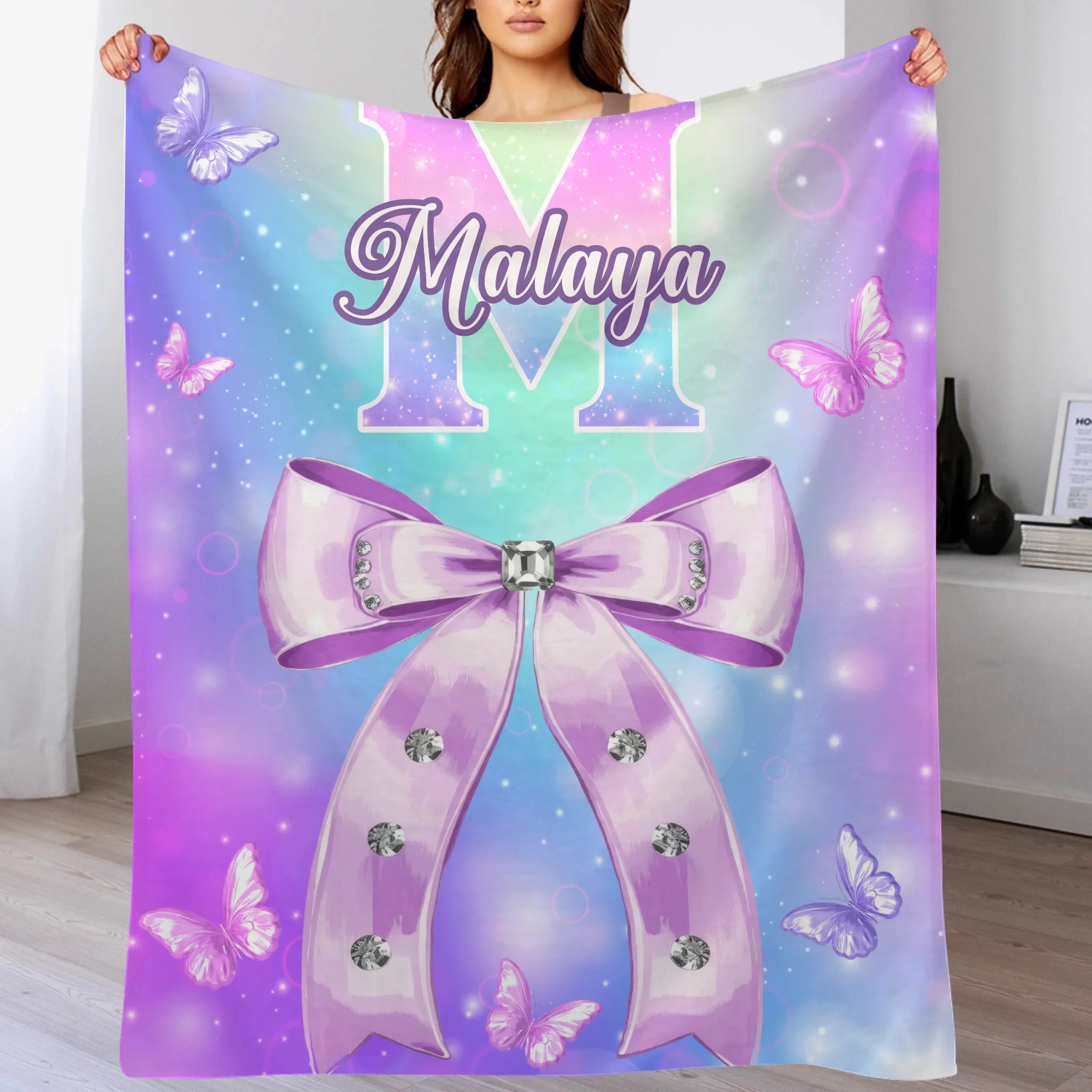 Pink Butterfly Pattern Name Custom Initials Custom Girl Blanket - A Gift For Girls