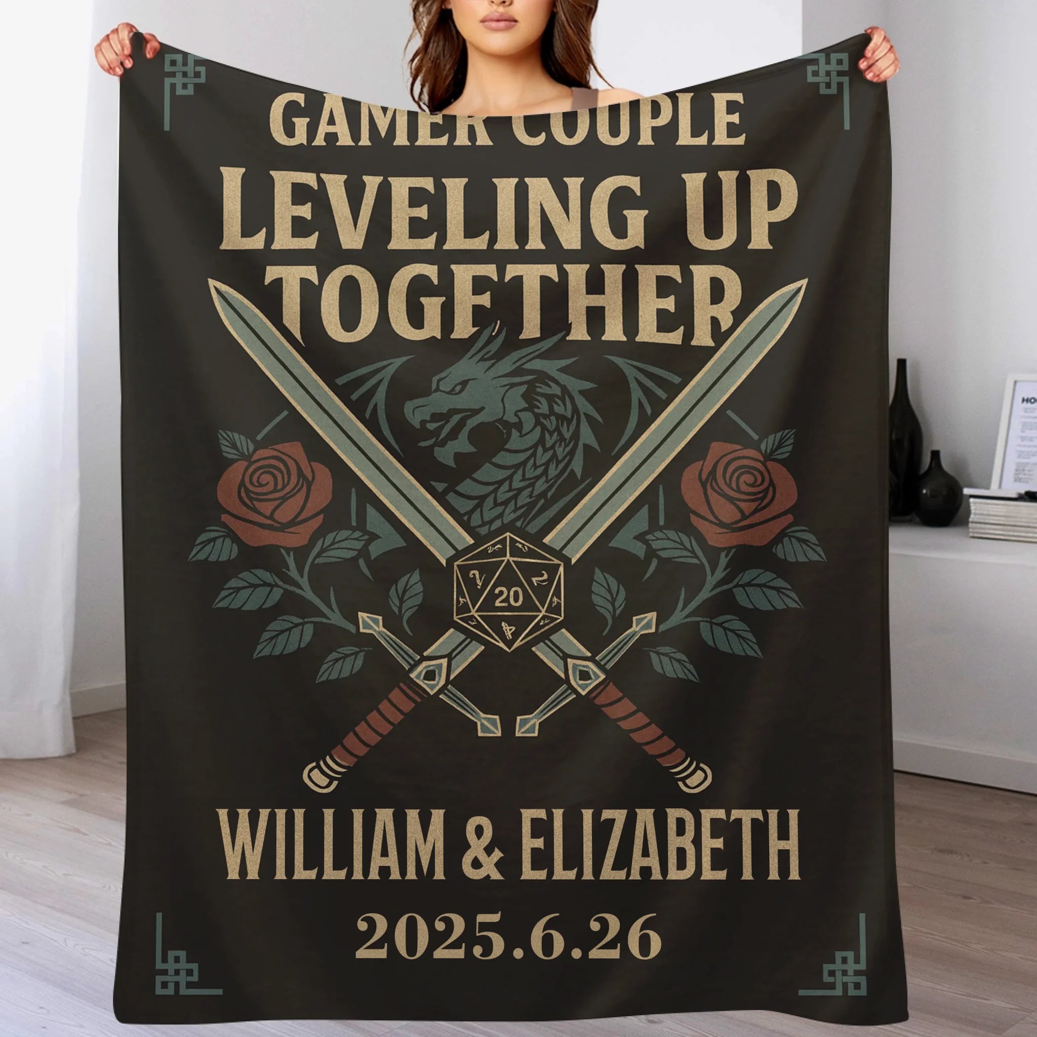 Dragon and Dice Design Customized Flannel Throw Blanket - Personalized Name and Date - Anniversary Gift for Gamers