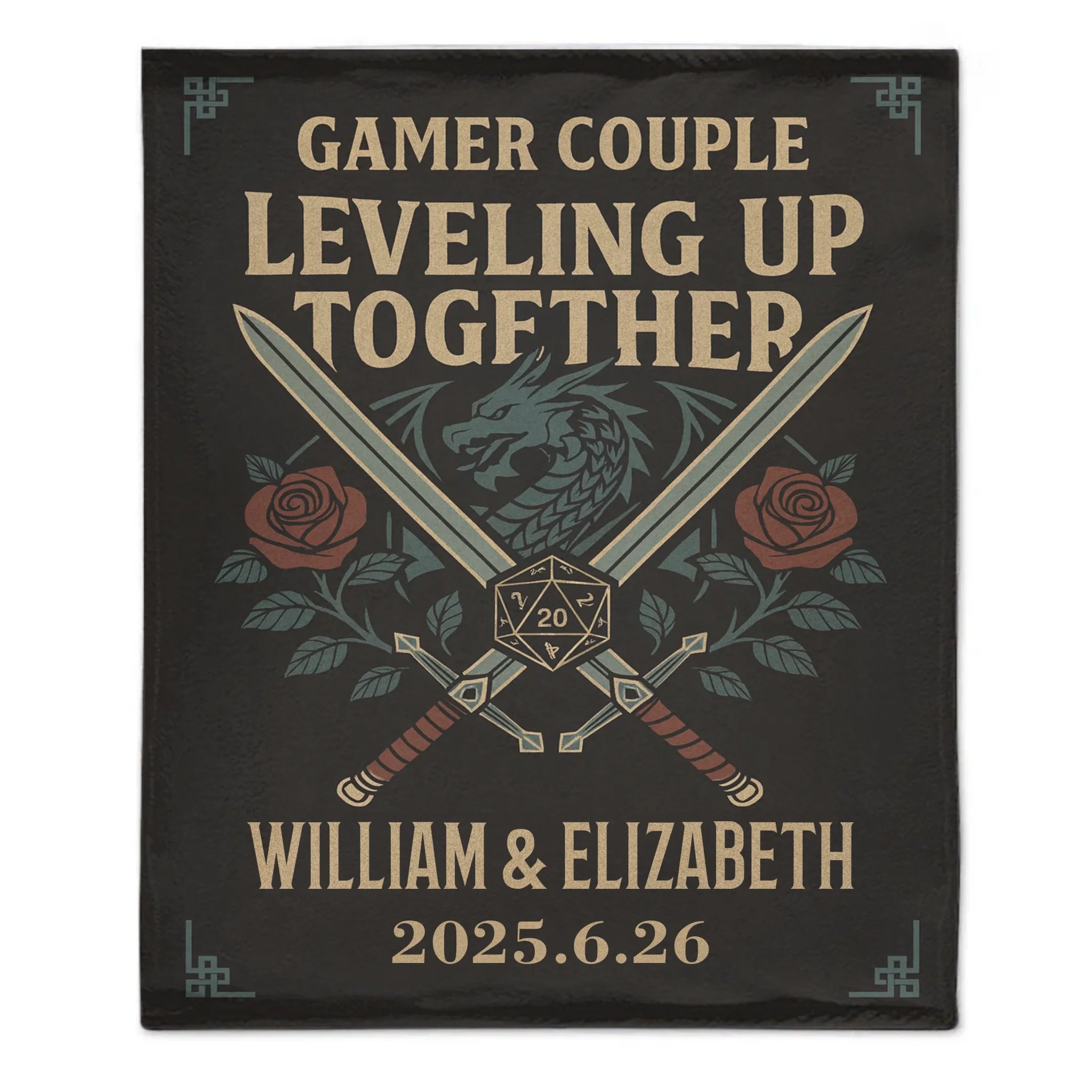 Dragon and Dice Design Customized Flannel Throw Blanket - Personalized Name and Date - Anniversary Gift for Gamers