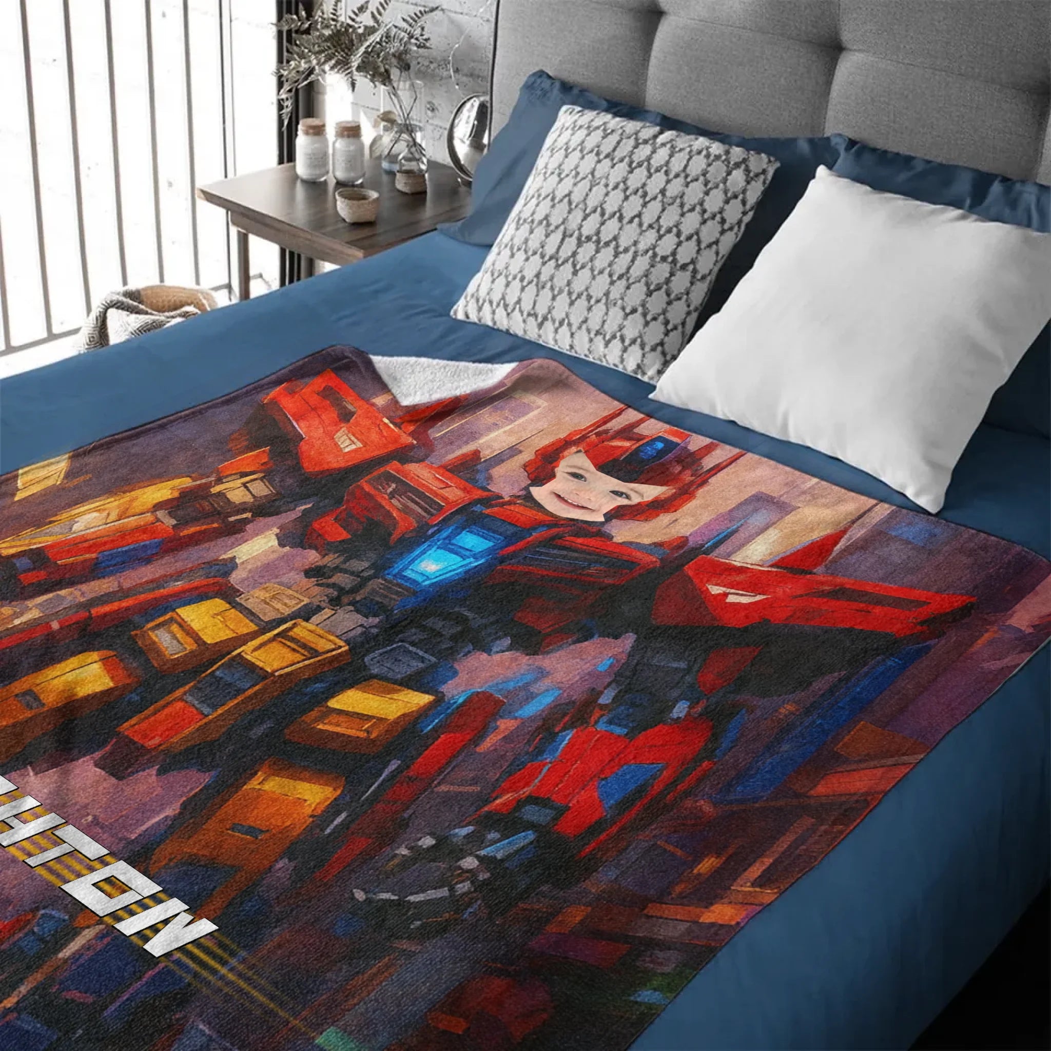 Custom Robot Blanket - Personalized Face Photo Transformer Throw Blanket - Gift for Kids Boys