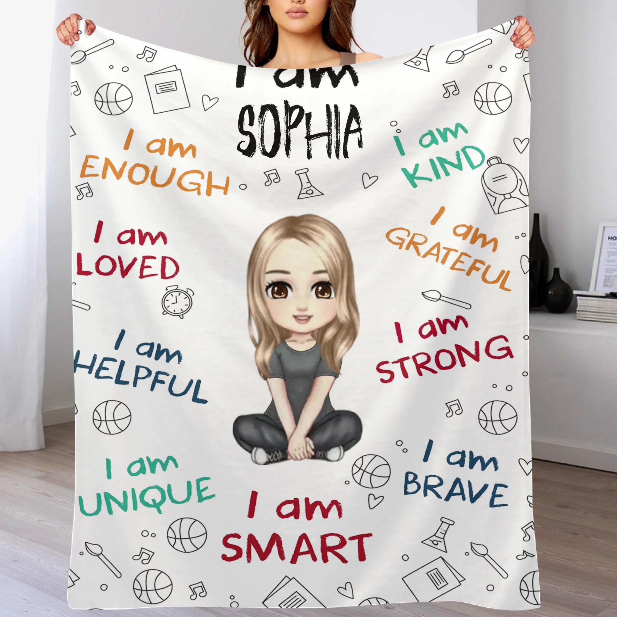 I Am Enough, Loved, Helpful, Unique, Smart - Personalized Cartoon Characters and Name Blanket - Gift for Kid, Children