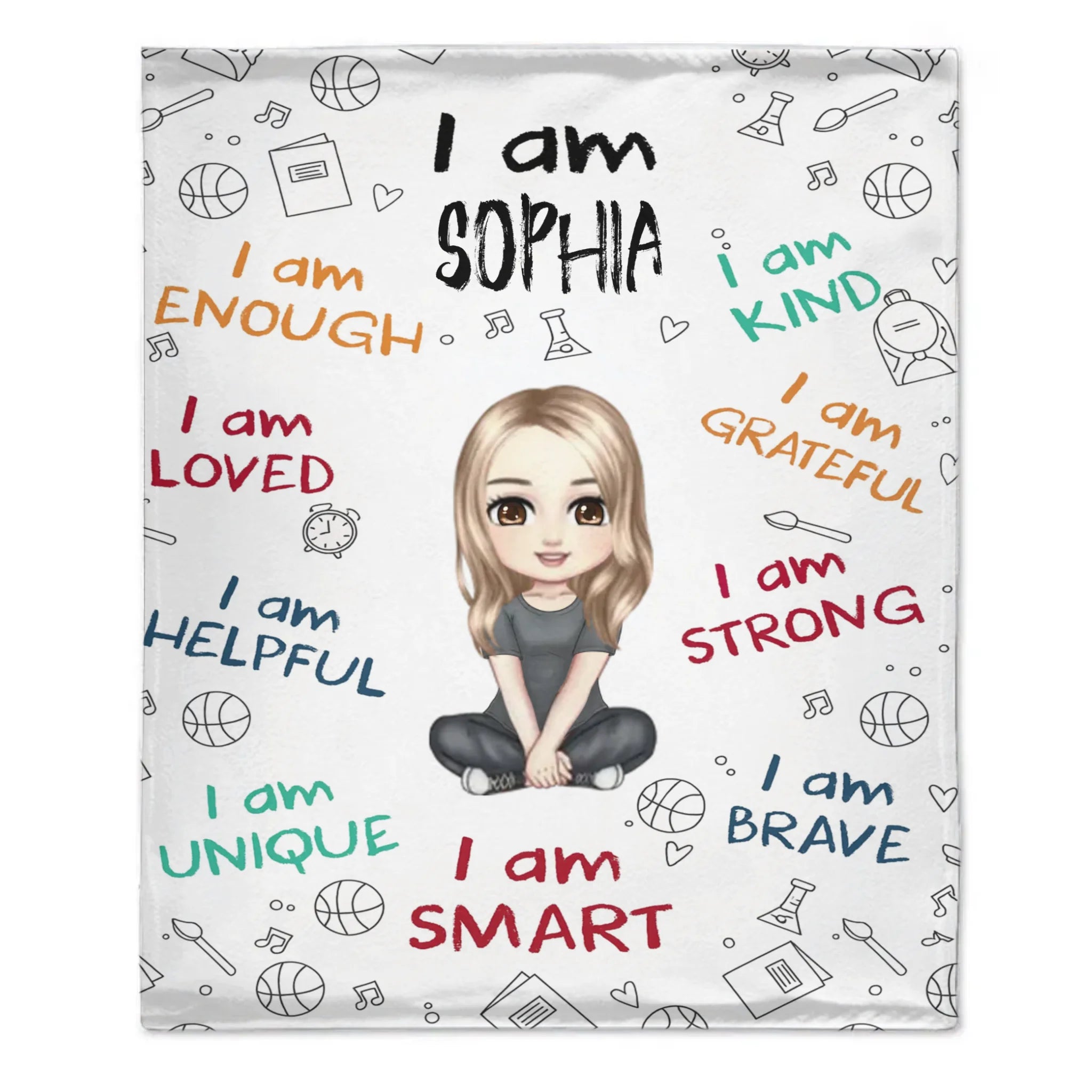 I Am Enough, Loved, Helpful, Unique, Smart - Personalized Cartoon Characters and Name Blanket - Gift for Kid, Children