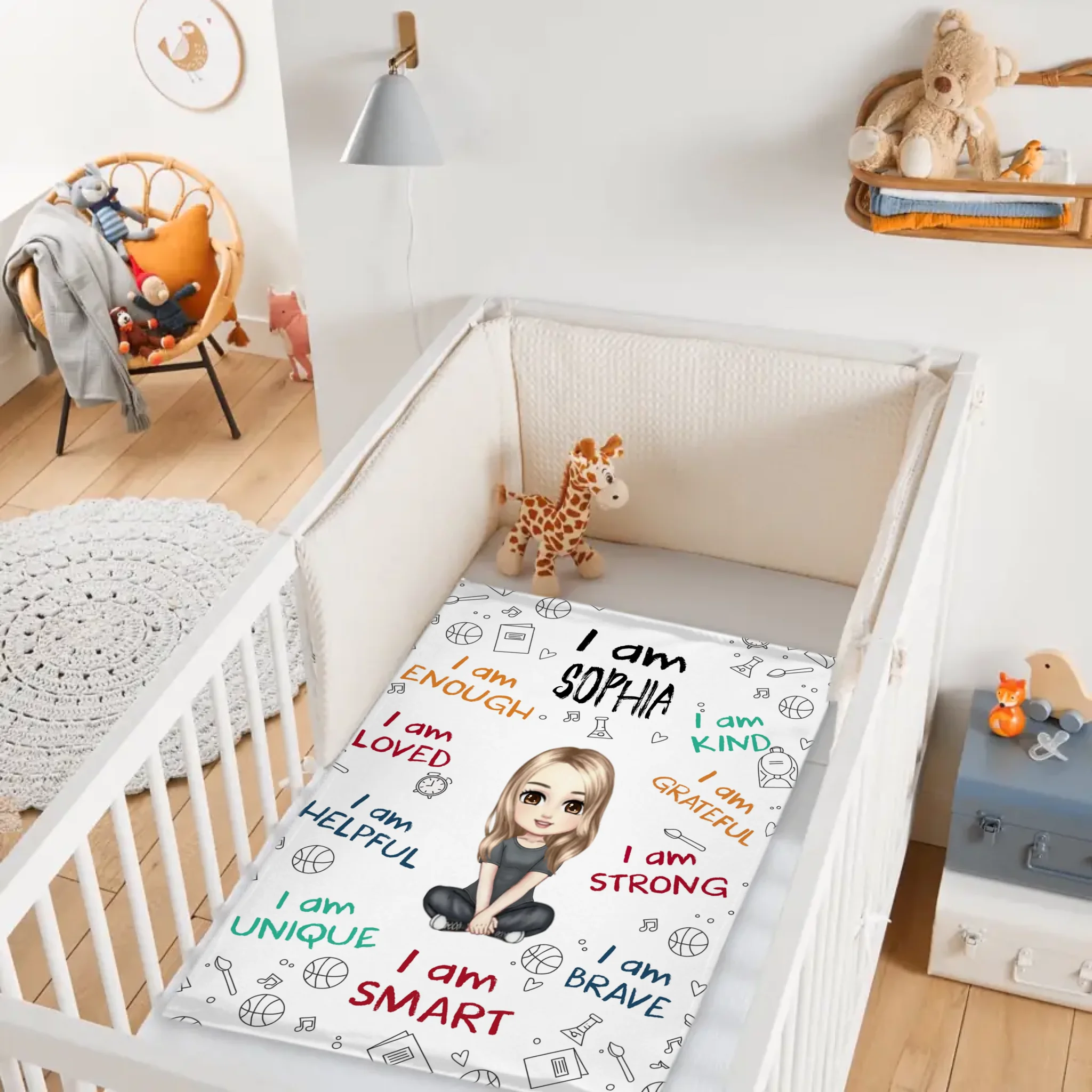 I Am Enough, Loved, Helpful, Unique, Smart - Personalized Cartoon Characters and Name Blanket - Gift for Kid, Children