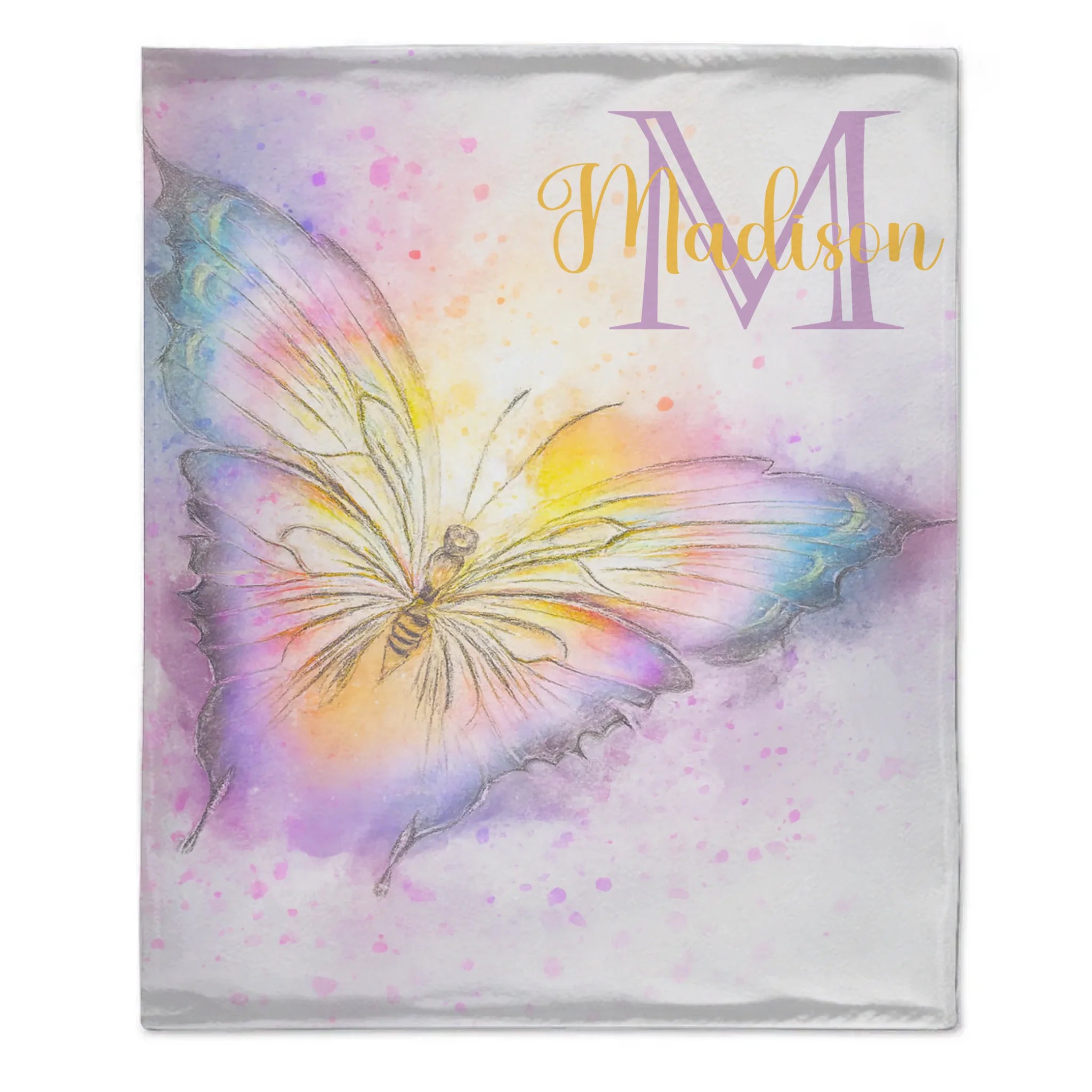Custom Watercolor Butterfly Blanket - Personalized Baby Initial Name Throw - Gift for Infant Girls Boys