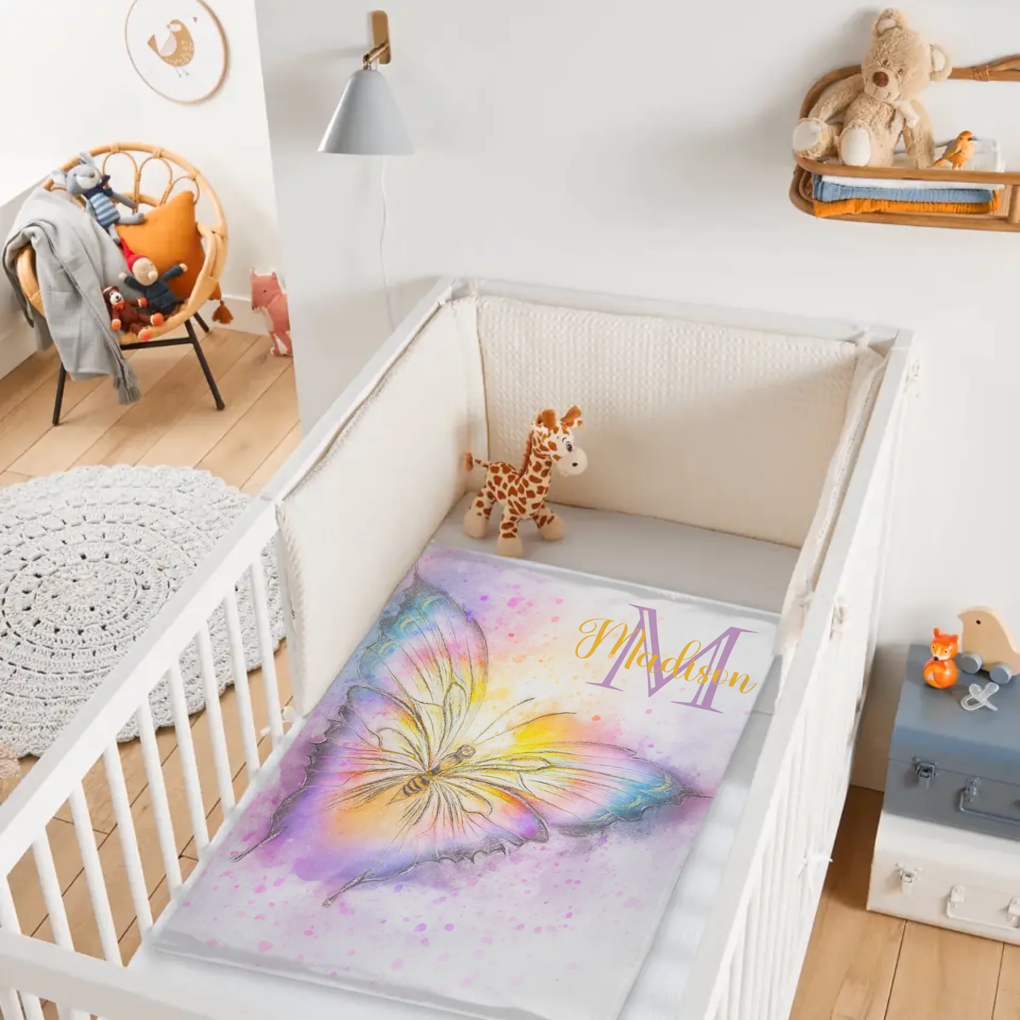 Custom Watercolor Butterfly Blanket - Personalized Baby Initial Name Throw - Gift for Infant Girls Boys