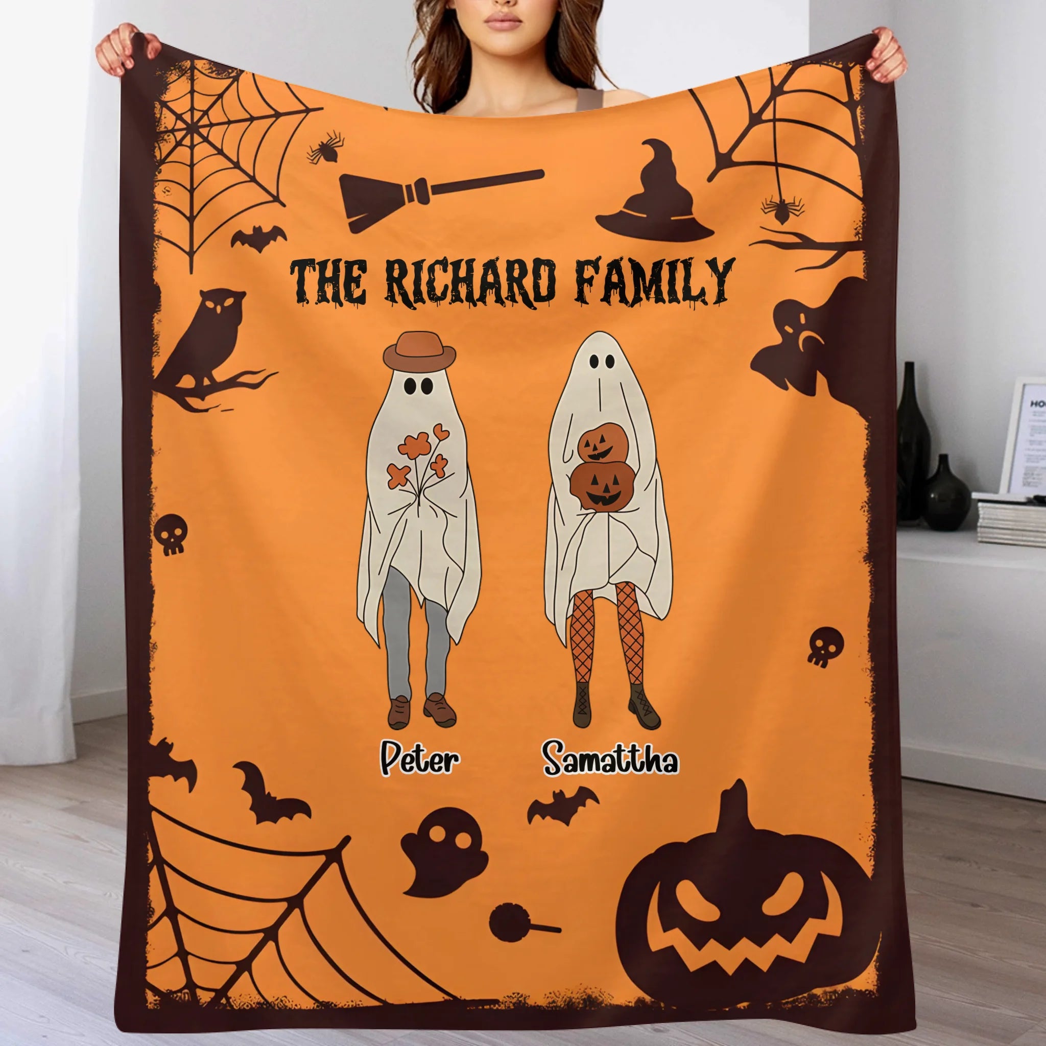 Custom Ghost Family Soft Warm Blanket - Personalized Ghost Patterns and Names - Halloween Home Decor Holiday Party Gift for Family