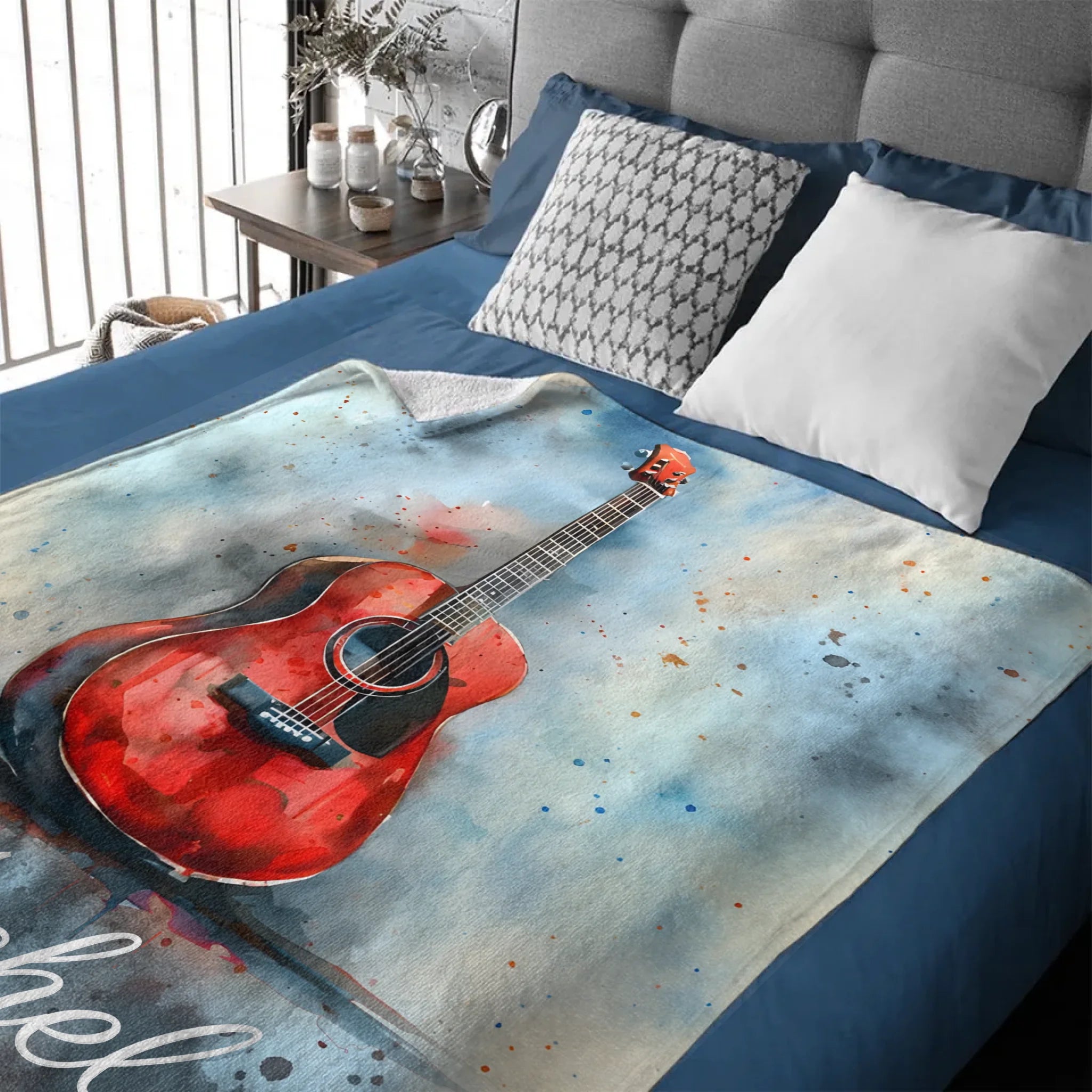 Custom Guitar Blanket - Personalized Acoustic Music Throw with Name - Gift for Musicians Guitar Players