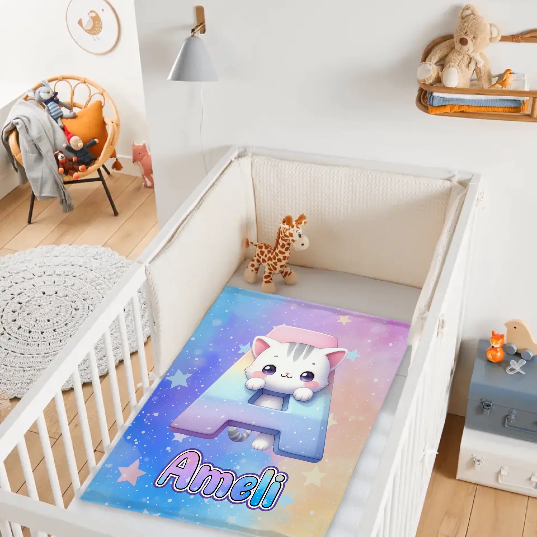 Custom Cat Blanket with Name - Personalized Kids Initial Throw - Gift for Daughter Son Birthday