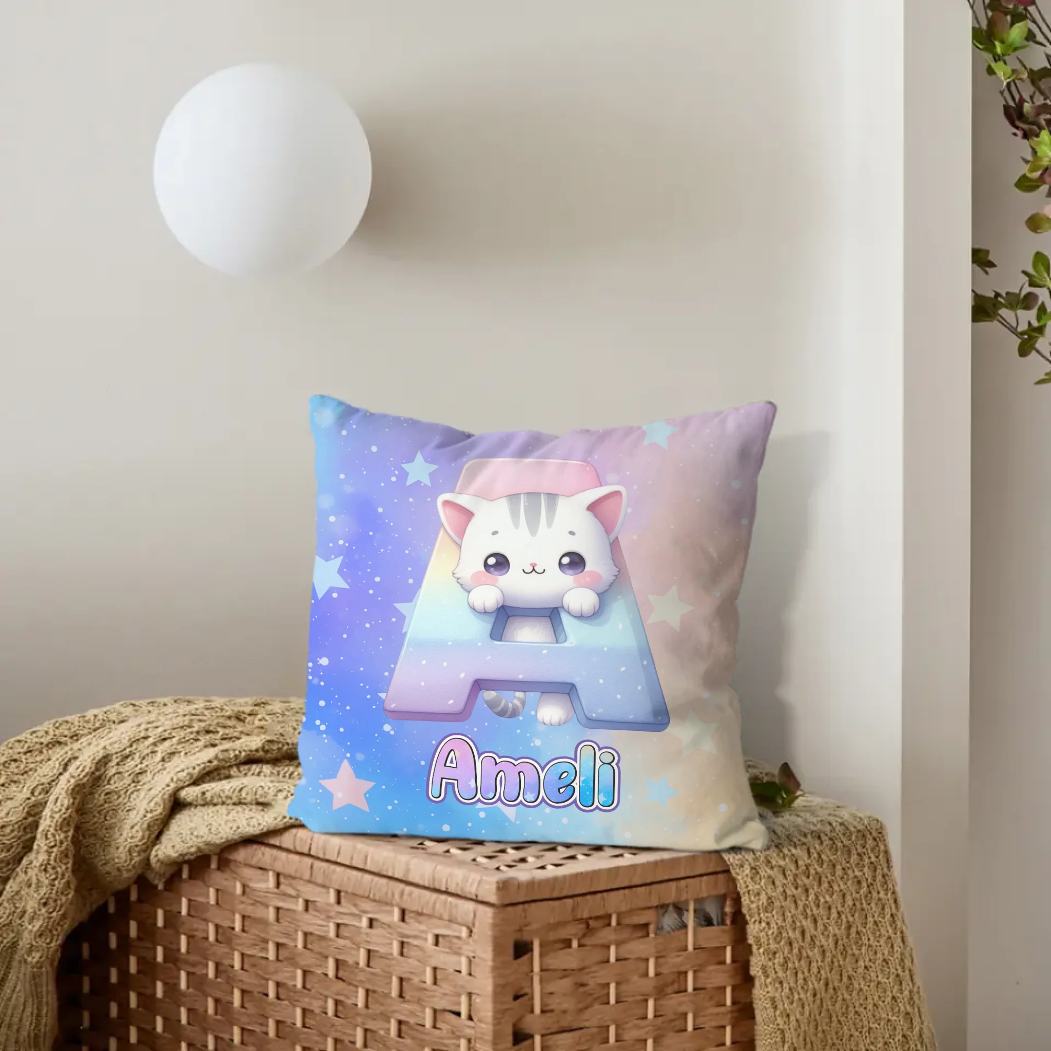Custom Cat Pillow - Personalized Initial Name Cushion - Gift for Kids Boys Girls Room Decor
