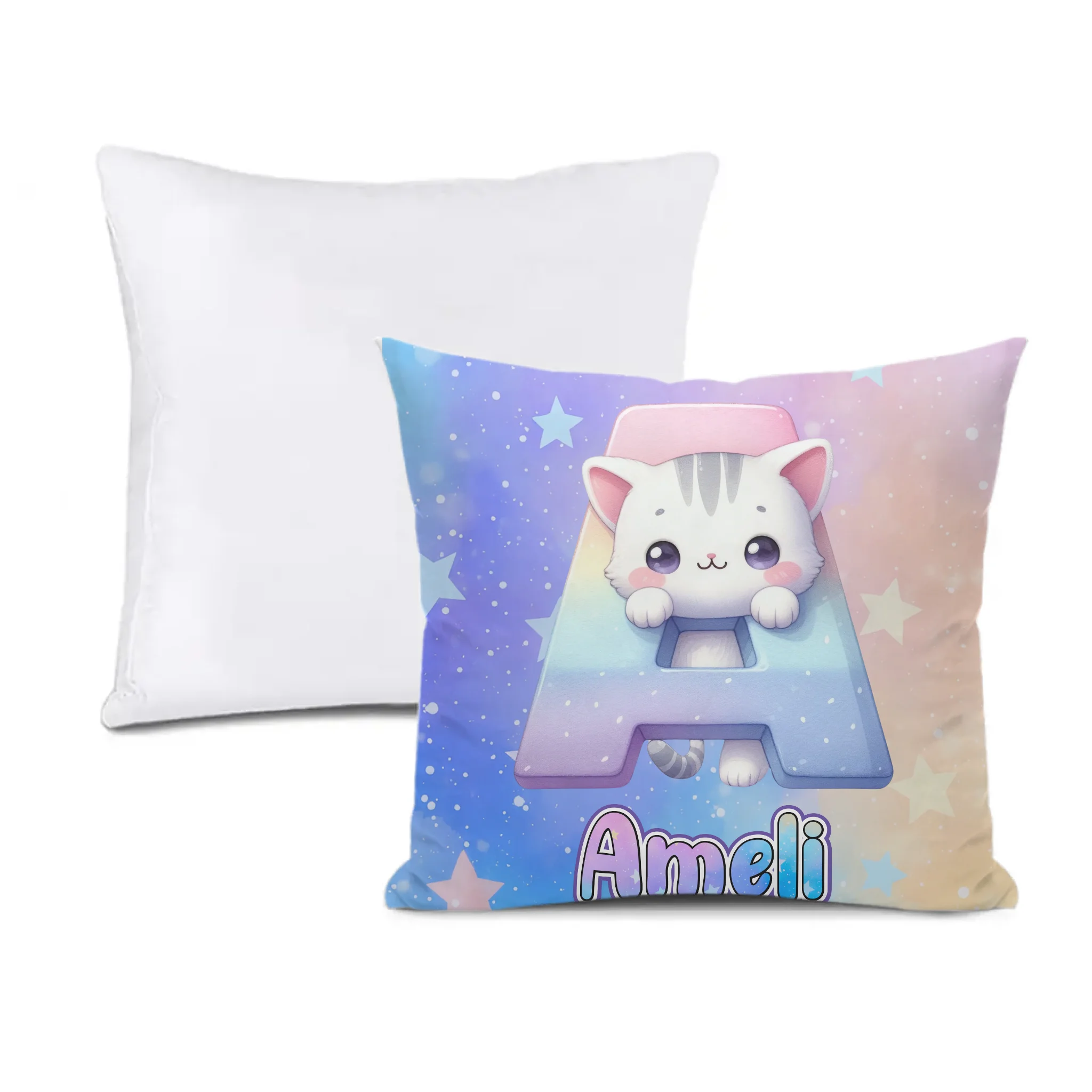 Custom Cat Pillow - Personalized Initial Name Cushion - Gift for Kids Boys Girls Room Decor