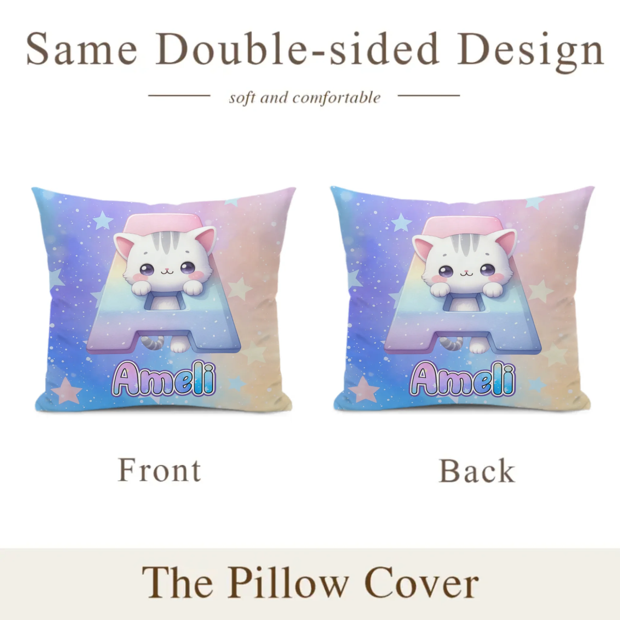 Custom Cat Pillow - Personalized Initial Name Cushion - Gift for Kids Boys Girls Room Decor