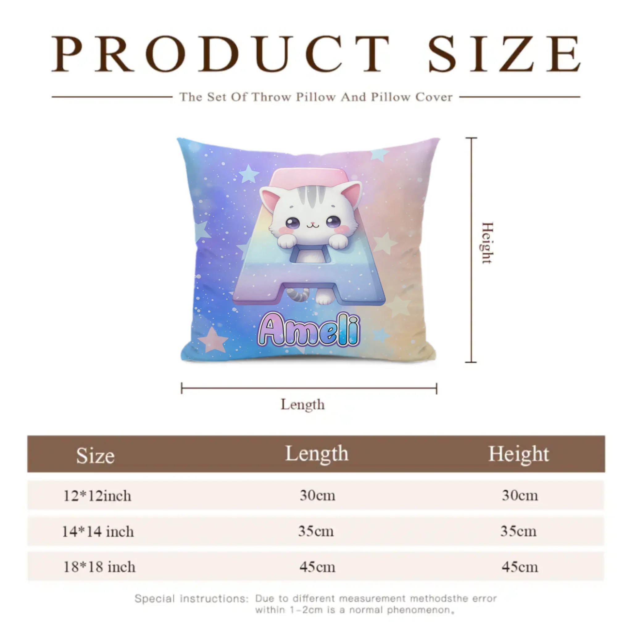 Custom Cat Pillow - Personalized Initial Name Cushion - Gift for Kids Boys Girls Room Decor