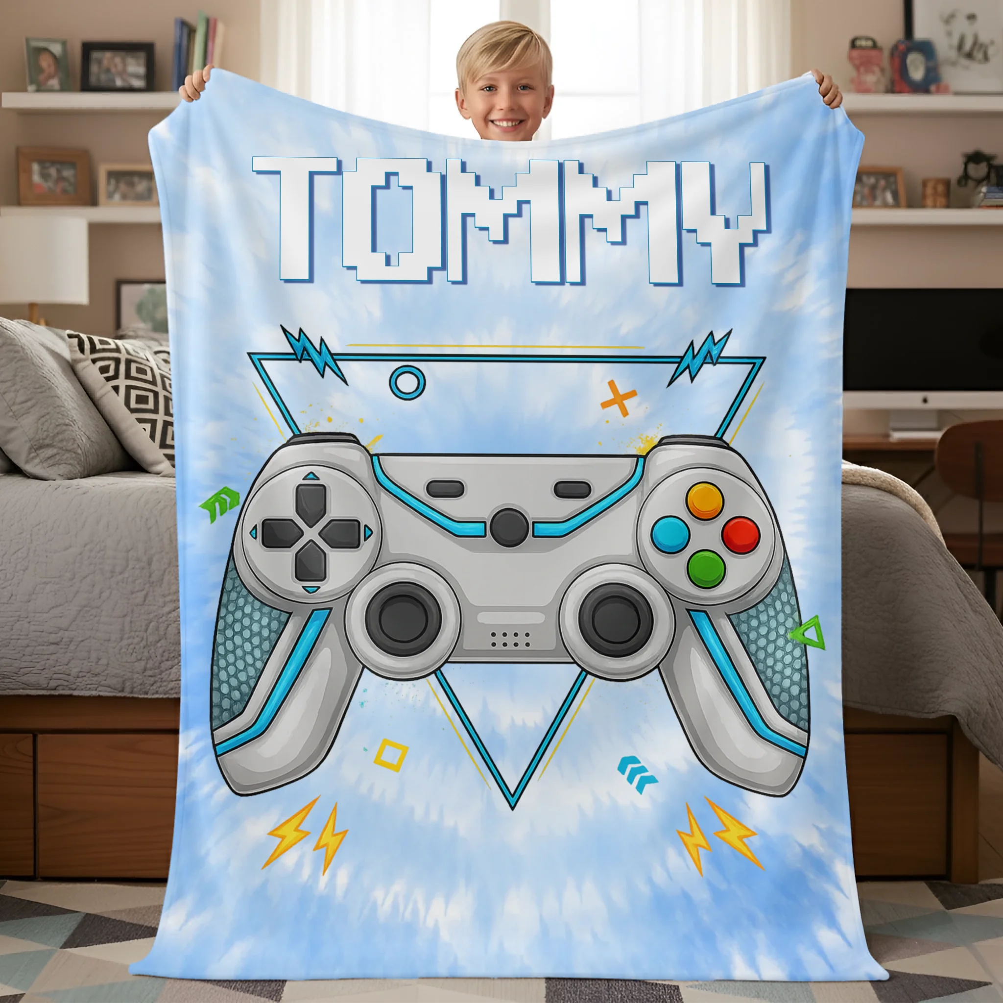 Custom Gaming Blanket - Personalized Tie Dye Gamepad Throw with Name - Gift for Boys Girls Teen Video Game Lovers