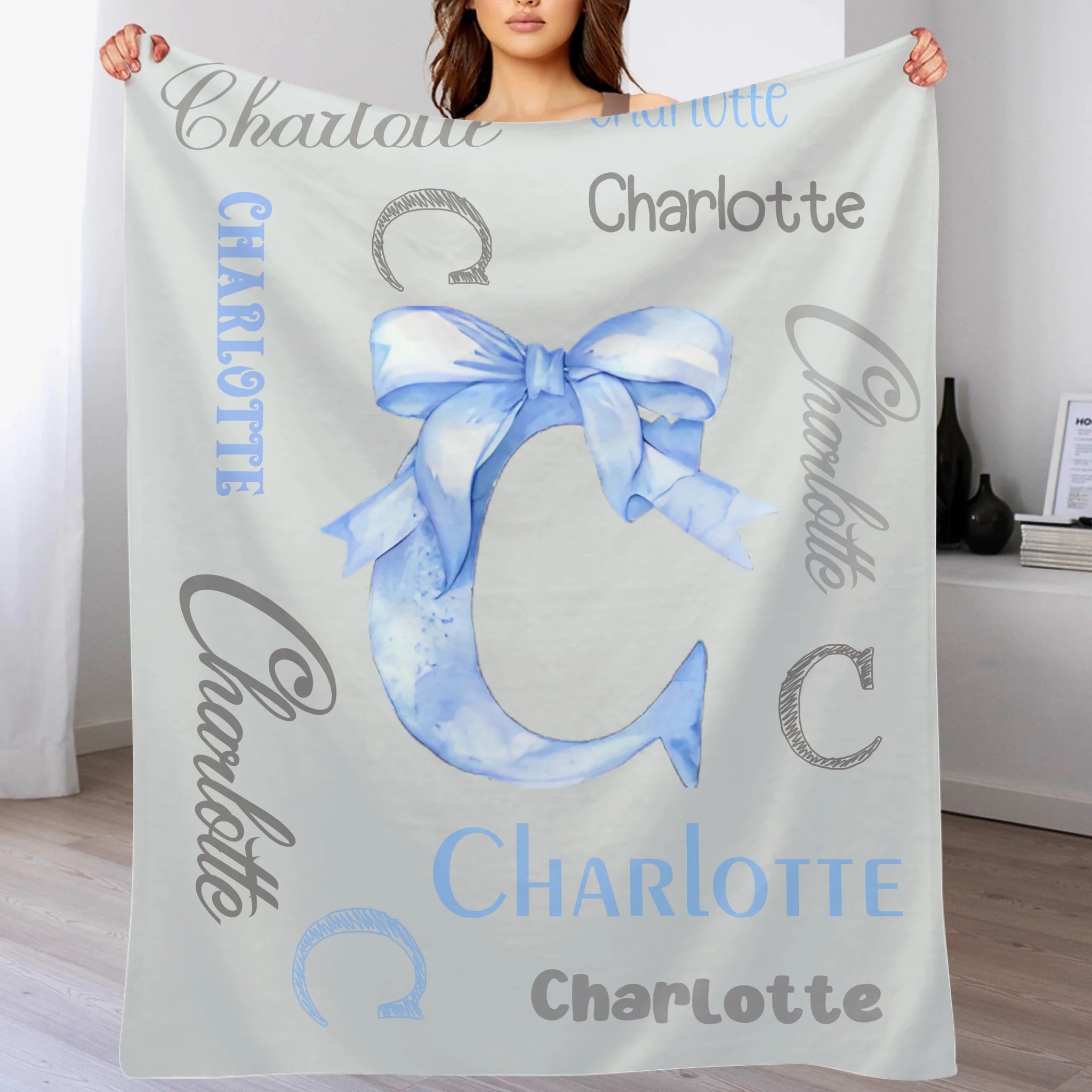 Custom Initial Bow Blanket - Personalized Letter Throw with Name - Baby Shower Birthday Gift