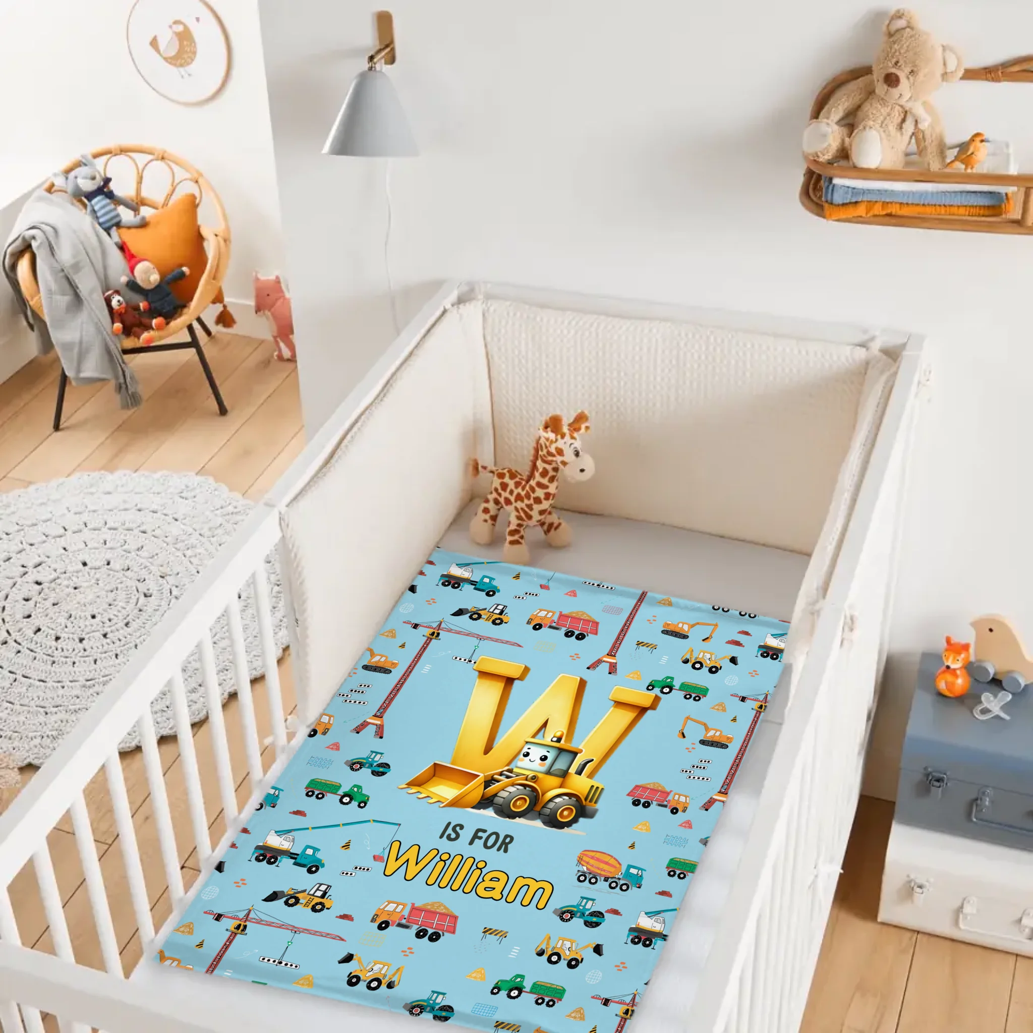 Custom Truck Initial Blanket - Personalized Construction Letter Throw with Name - Baby Shower Birthday Gift