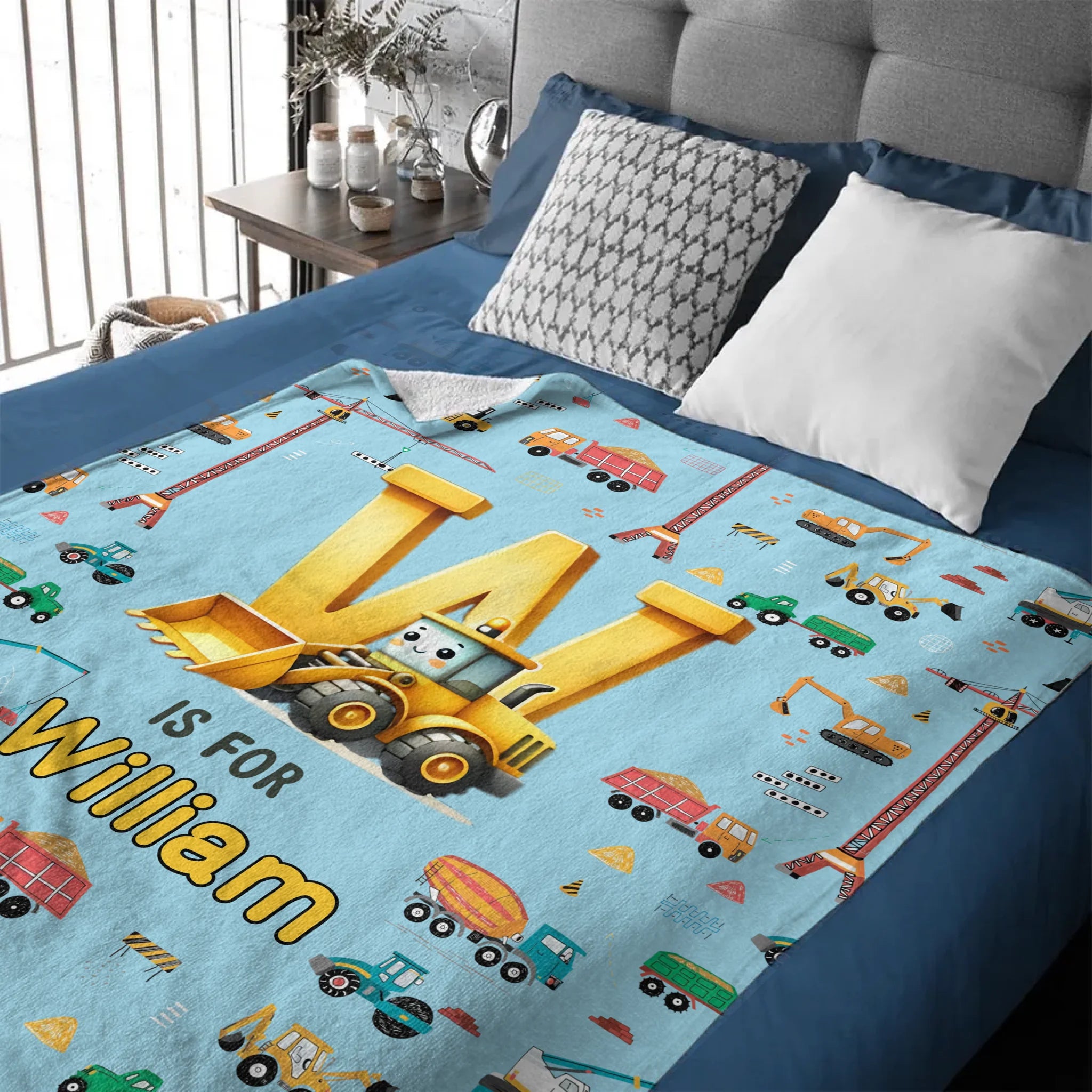 Custom Truck Initial Blanket - Personalized Construction Letter Throw with Name - Baby Shower Birthday Gift