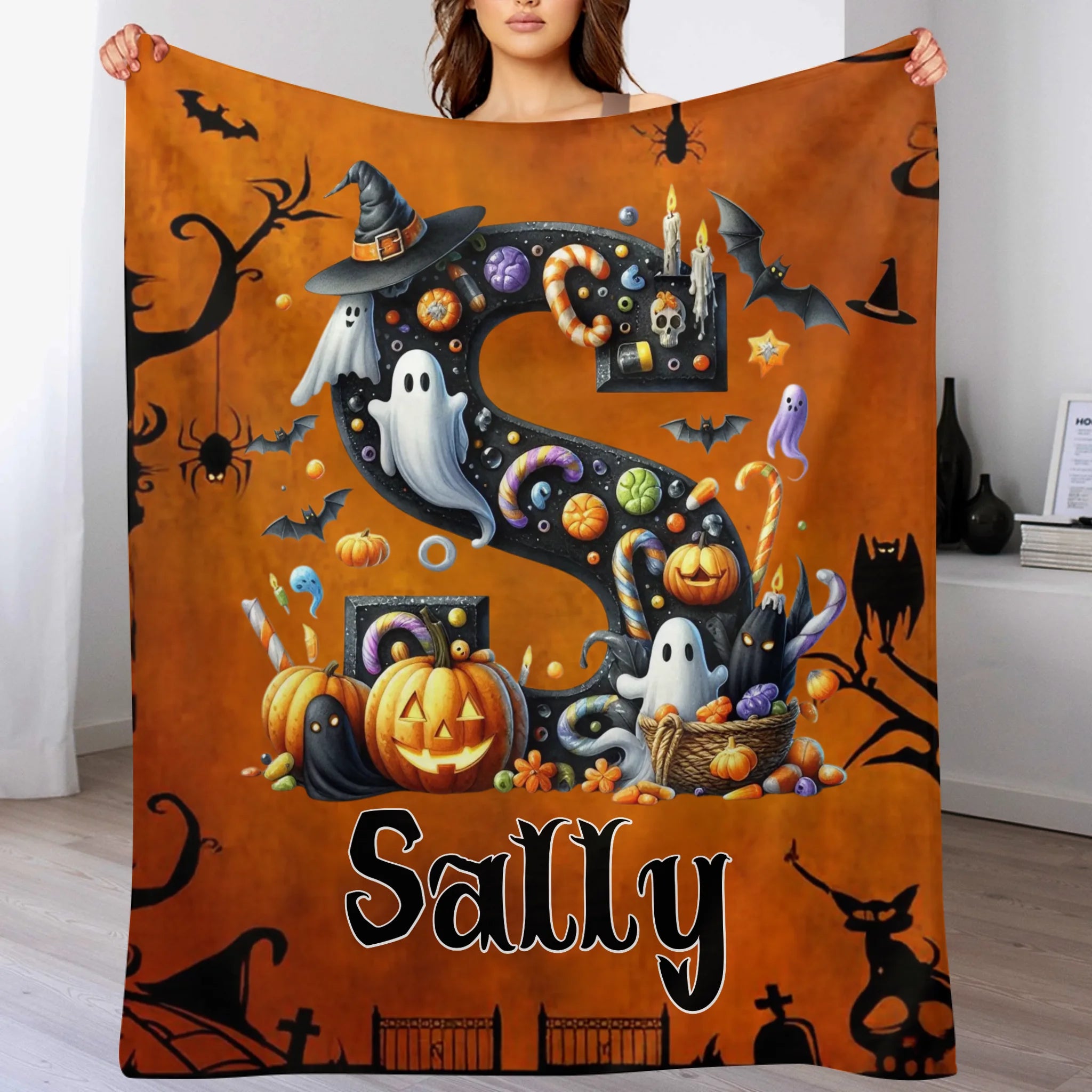 Custom Halloween Letter Blanket - Personalized Initial Name Throw Blanket - Gift for Kids & Families