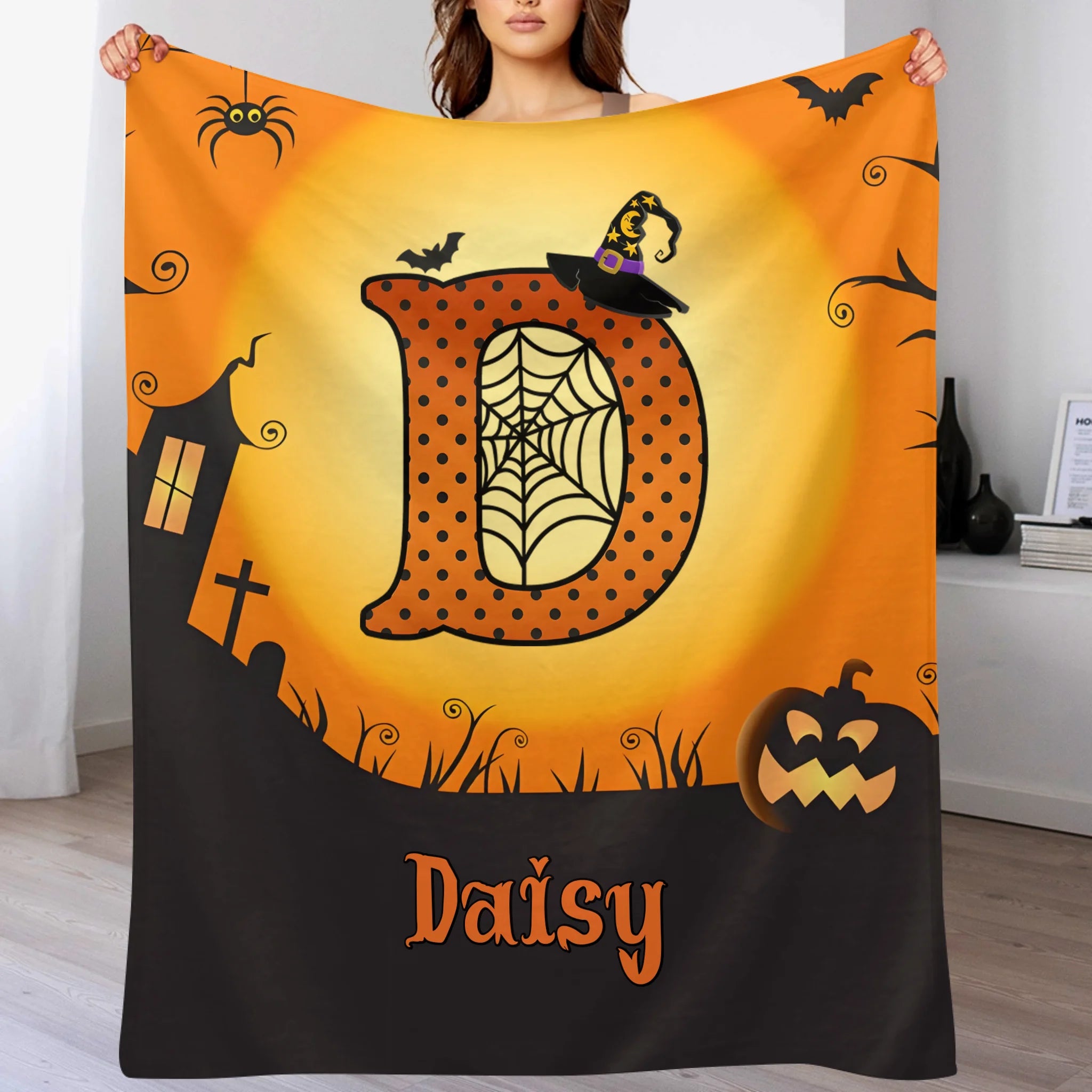 Custom Halloween Blanket – Personalized Spooky Throw Blanket with Initial & Name – Gift for Kids, Girls & Boys