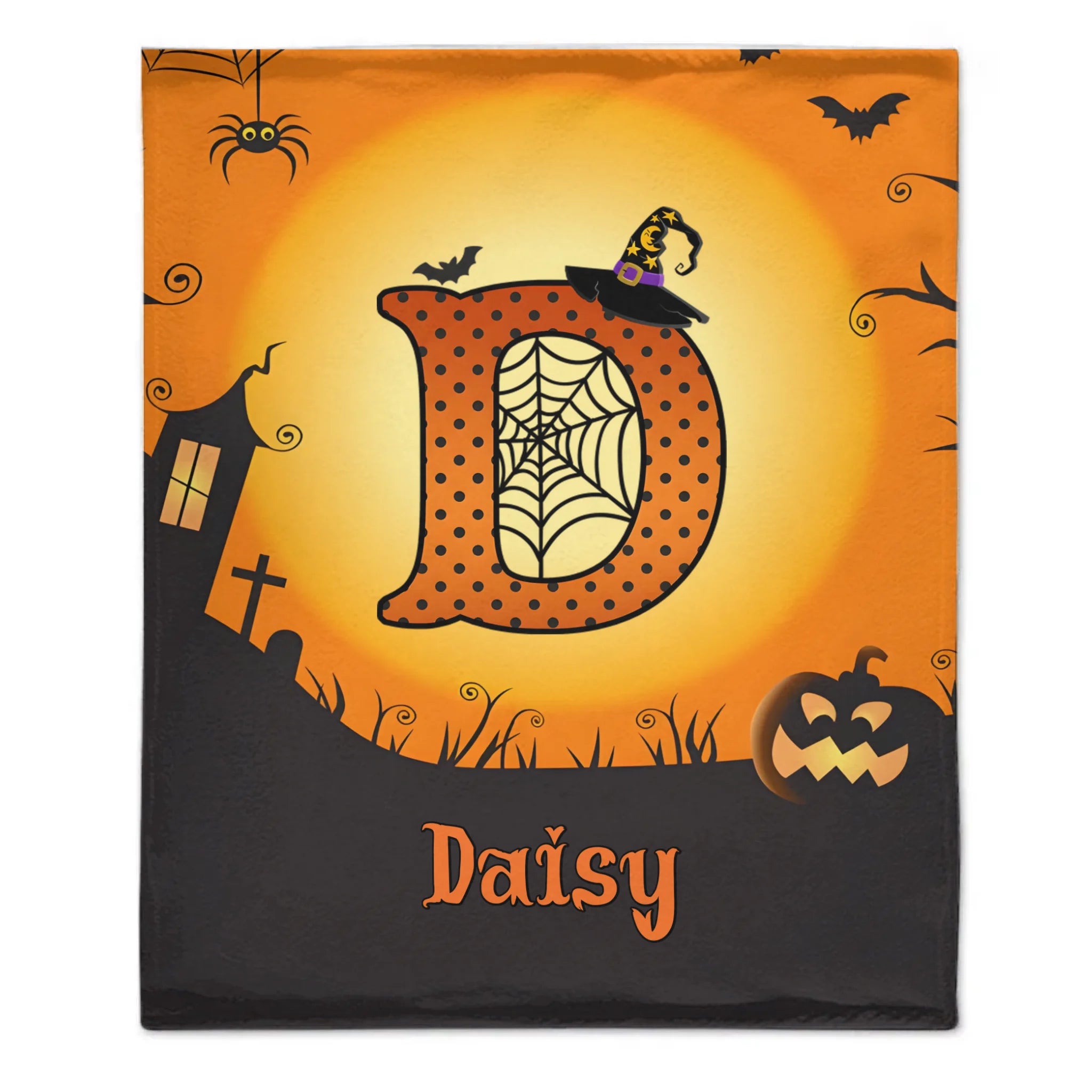 Custom Halloween Blanket – Personalized Spooky Throw Blanket with Initial & Name – Gift for Kids, Girls & Boys