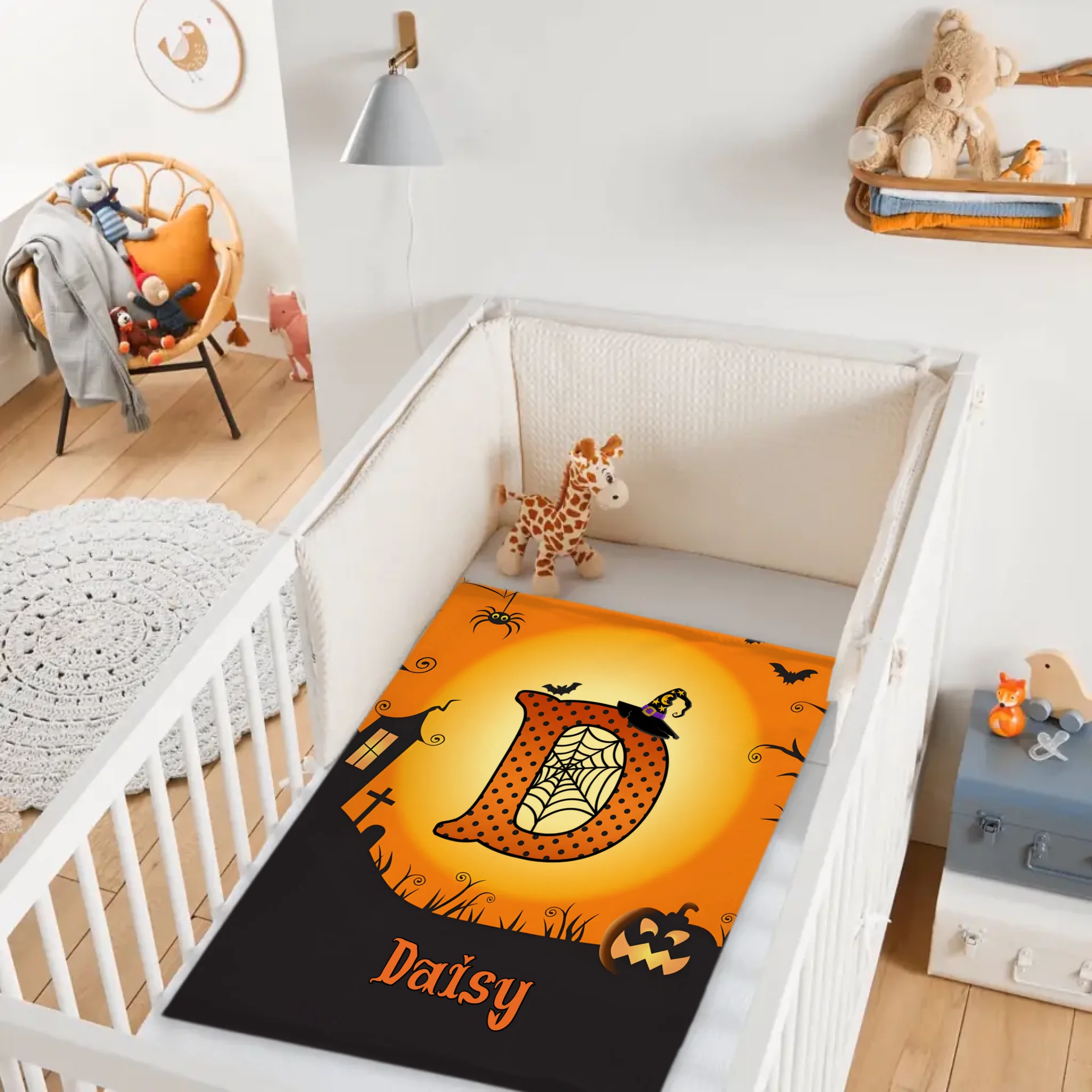 Custom Halloween Blanket – Personalized Spooky Throw Blanket with Initial & Name – Gift for Kids, Girls & Boys