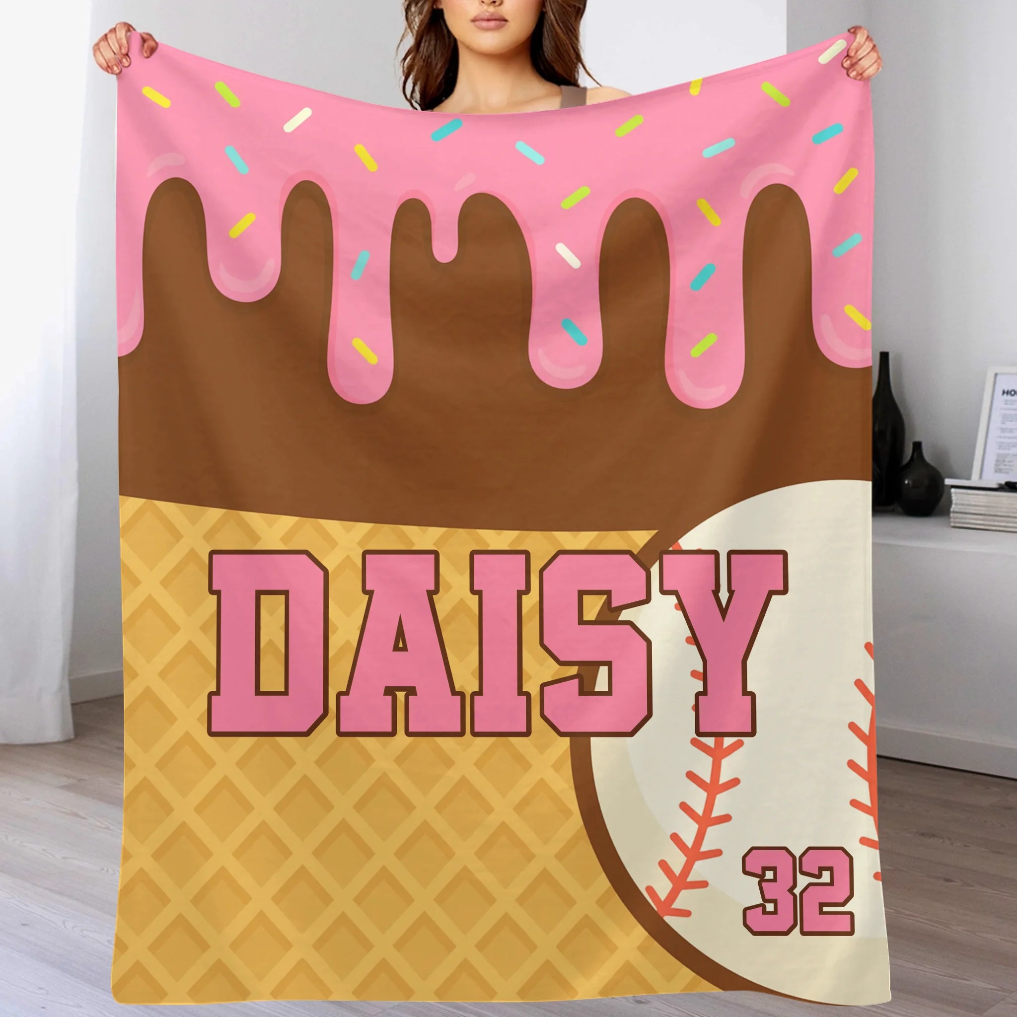 Customized Ice Cream Baseball Blanket - Personalized Name - Gift For Baseball Enthusiast, Athlete