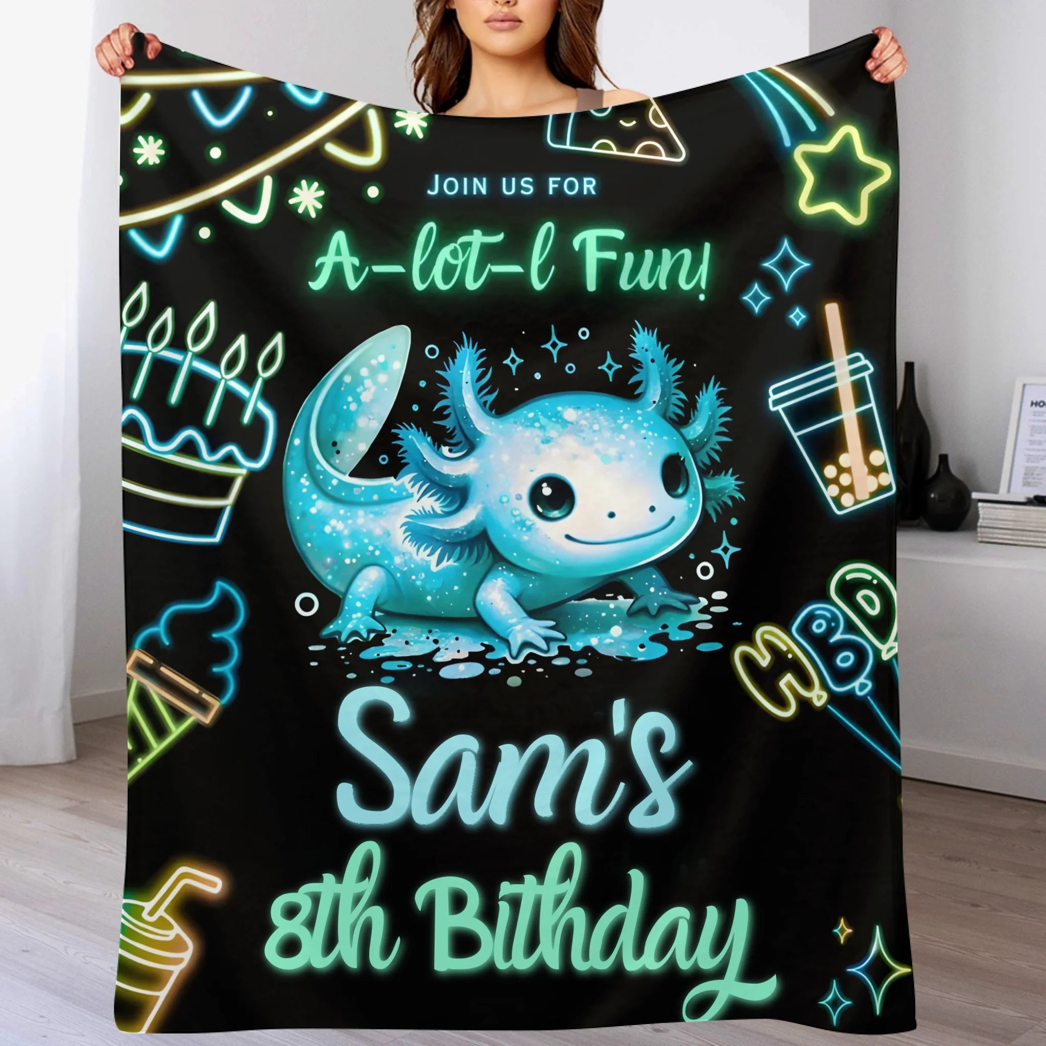 Custom Axolotl Neon Blanket – Personalized Glow Birthday Throw – Gift for Children & Families