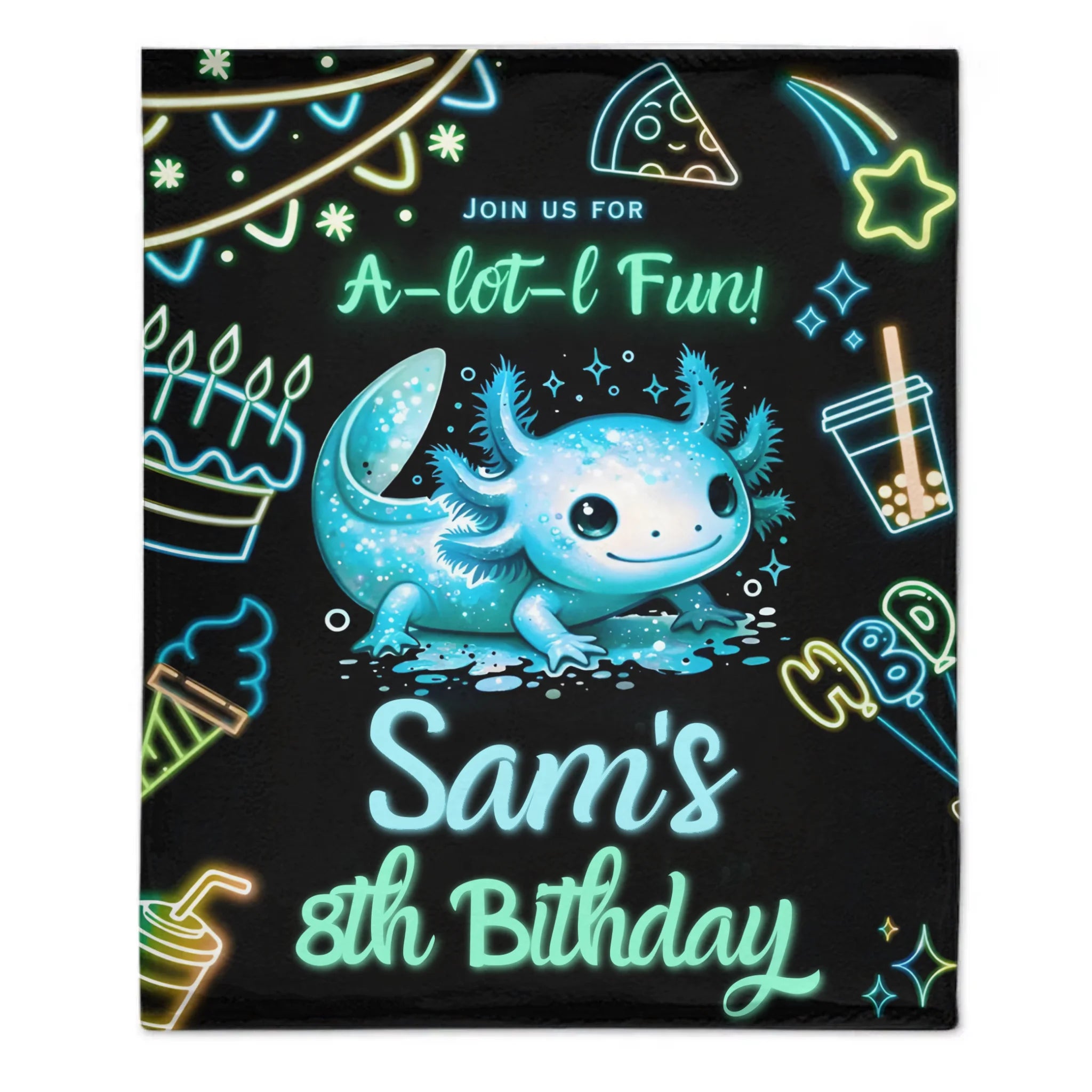 Custom Axolotl Neon Blanket – Personalized Glow Birthday Throw – Gift for Children & Families