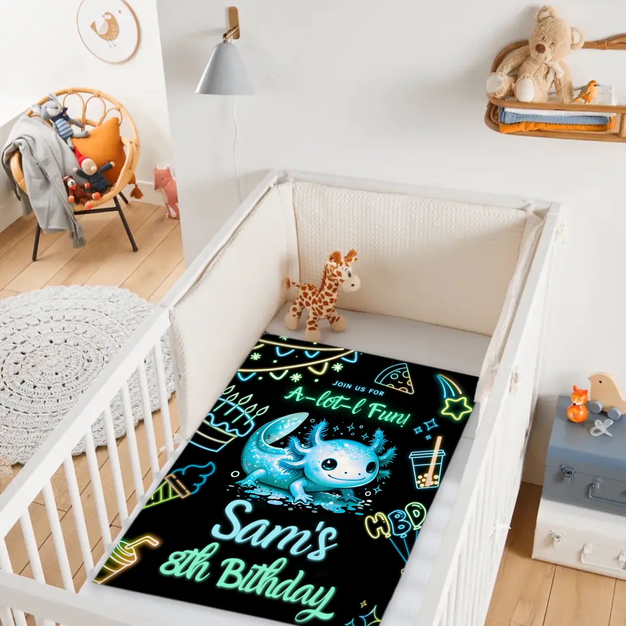 Custom Axolotl Neon Blanket – Personalized Glow Birthday Throw – Gift for Children & Families
