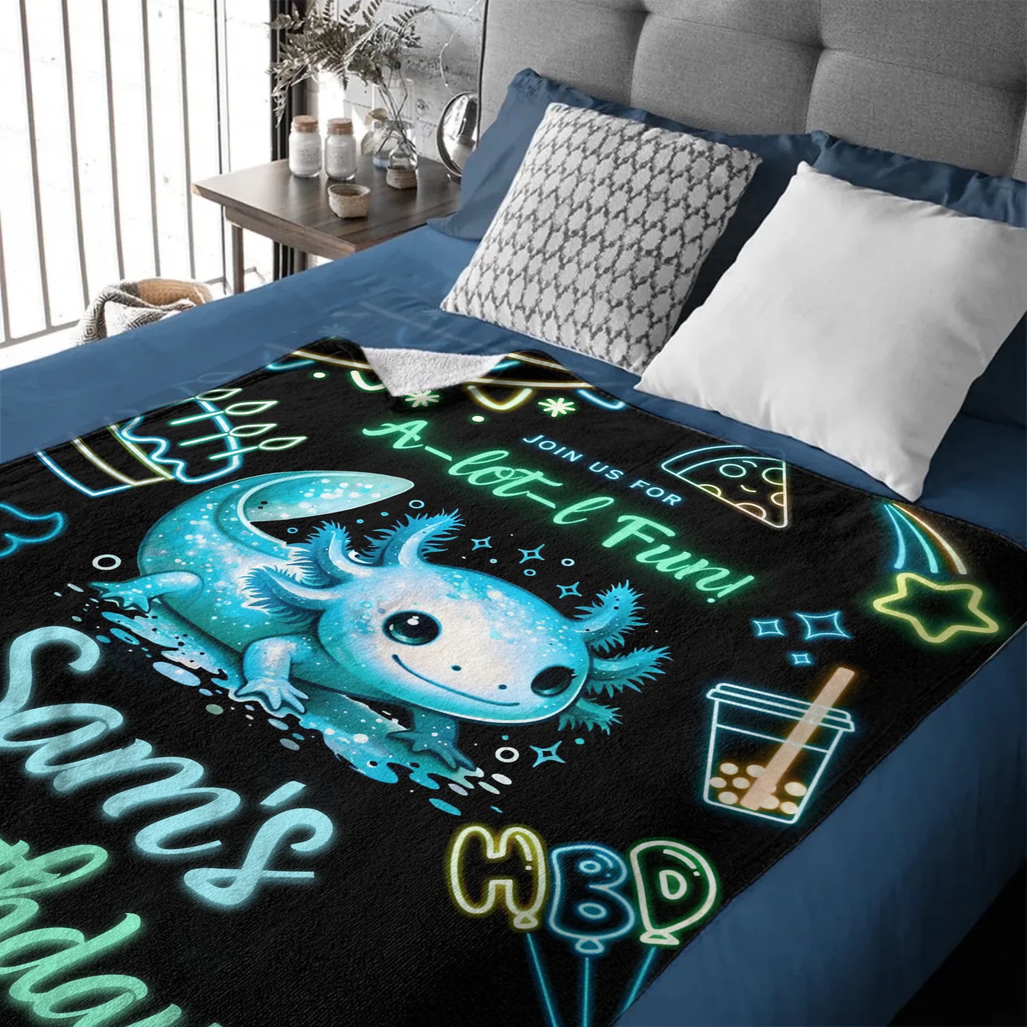 Custom Axolotl Neon Blanket – Personalized Glow Birthday Throw – Gift for Children & Families