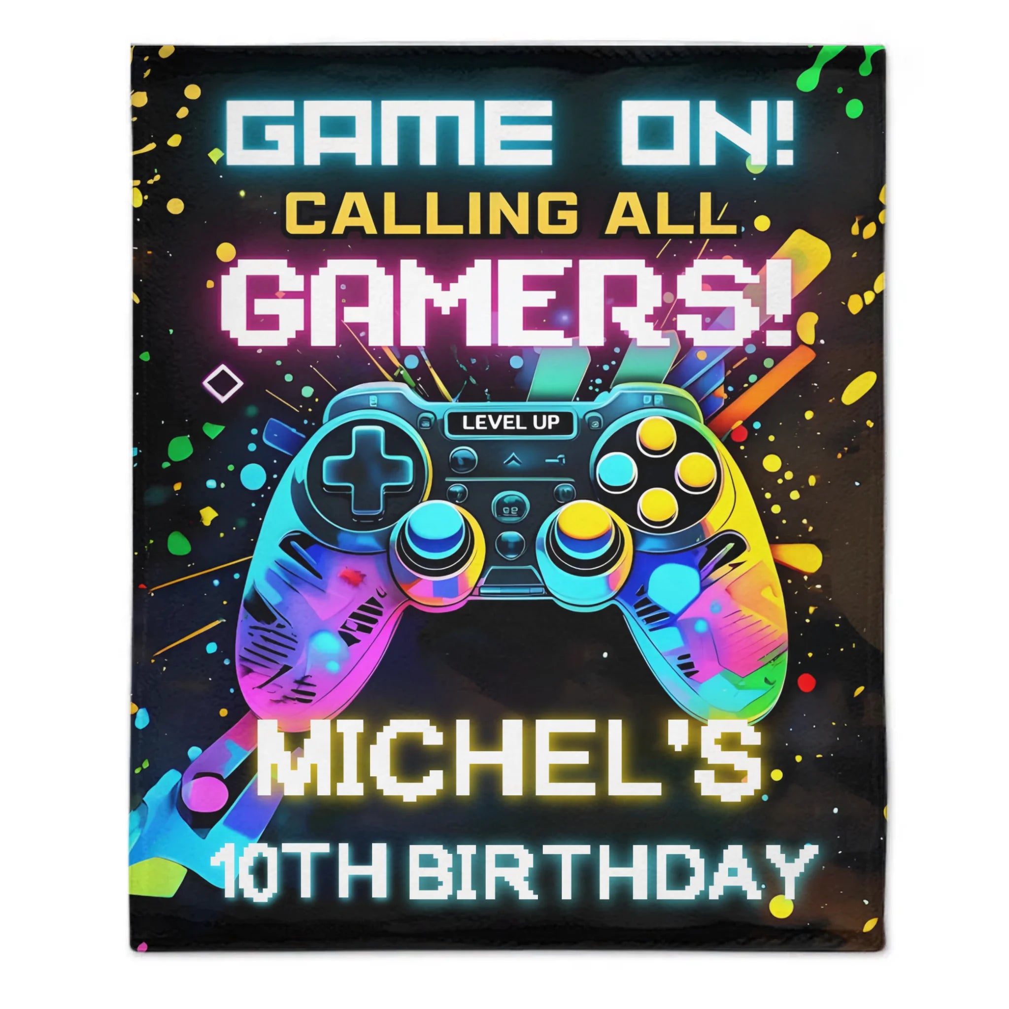 Custom Gaming Party Blanket– Personalized Level Up Birthday Throw – Gift for Boys & Girls
