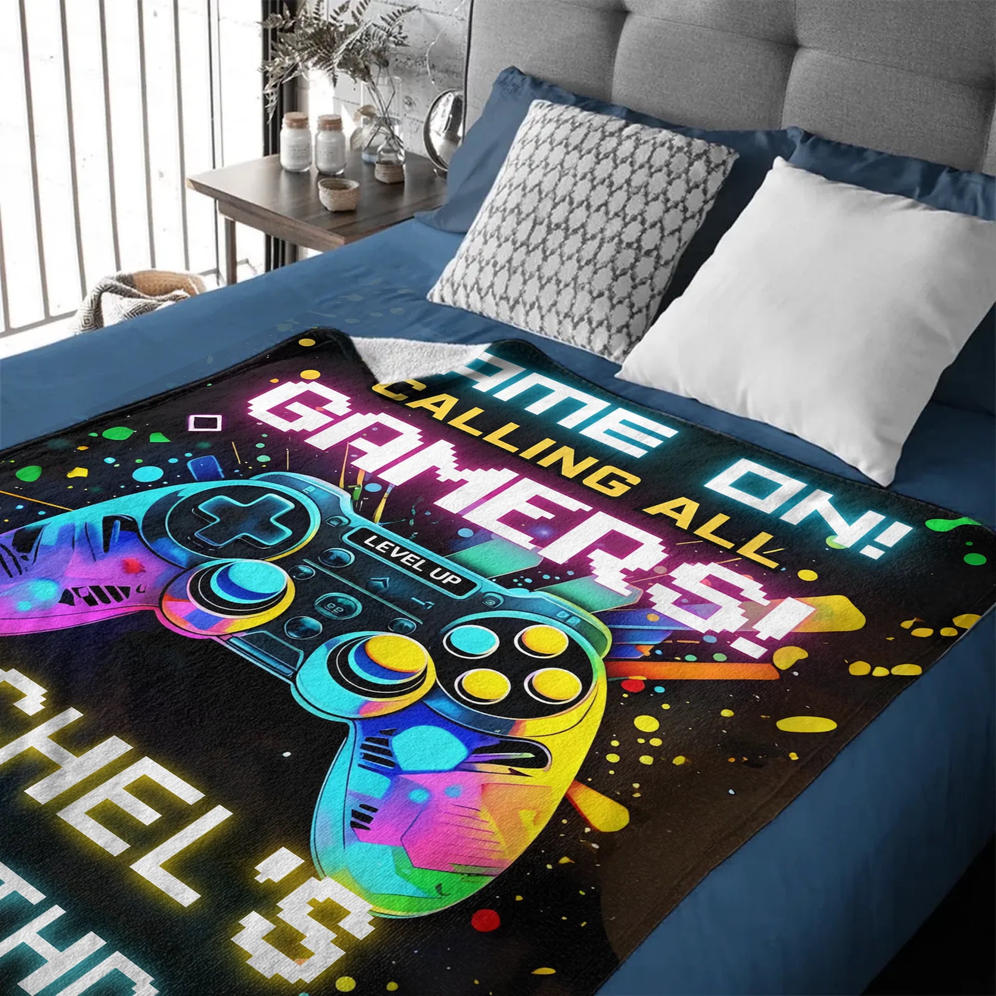 Custom Gaming Party Blanket– Personalized Level Up Birthday Throw – Gift for Boys & Girls