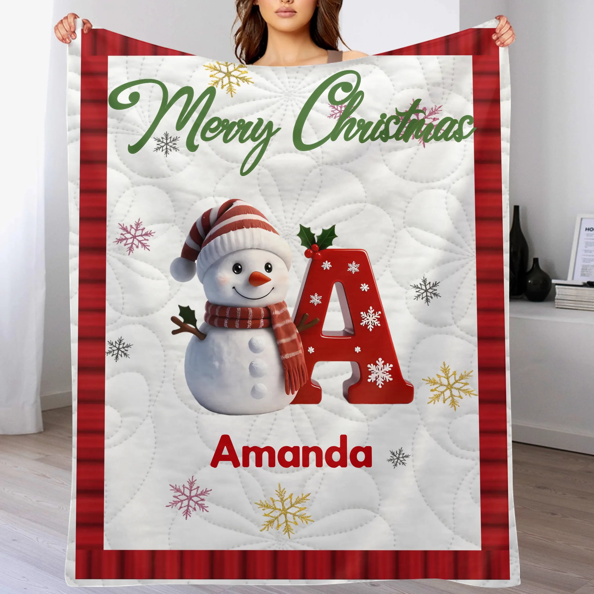 ⛄️Custom Christmas Blanket  - Personalized  Snowman Initial and Name - Christmas Gift