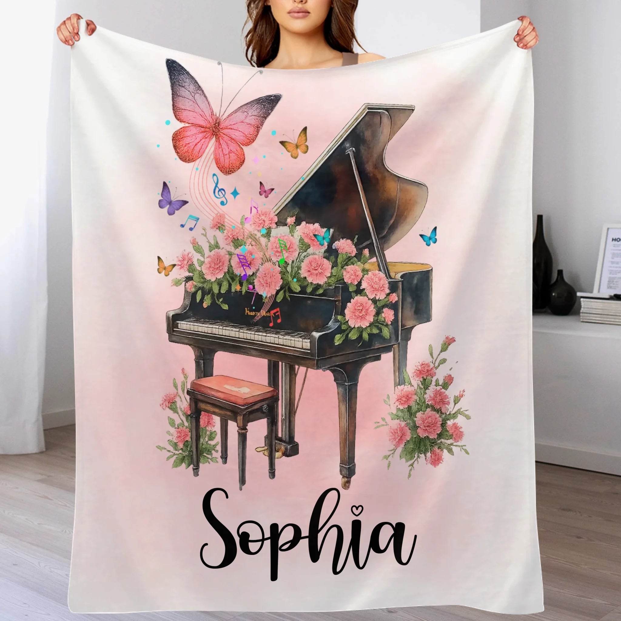 Custom Piano Flower Blanket - Personalized Piano & Butterfly Throw - Gift for Women & Girls