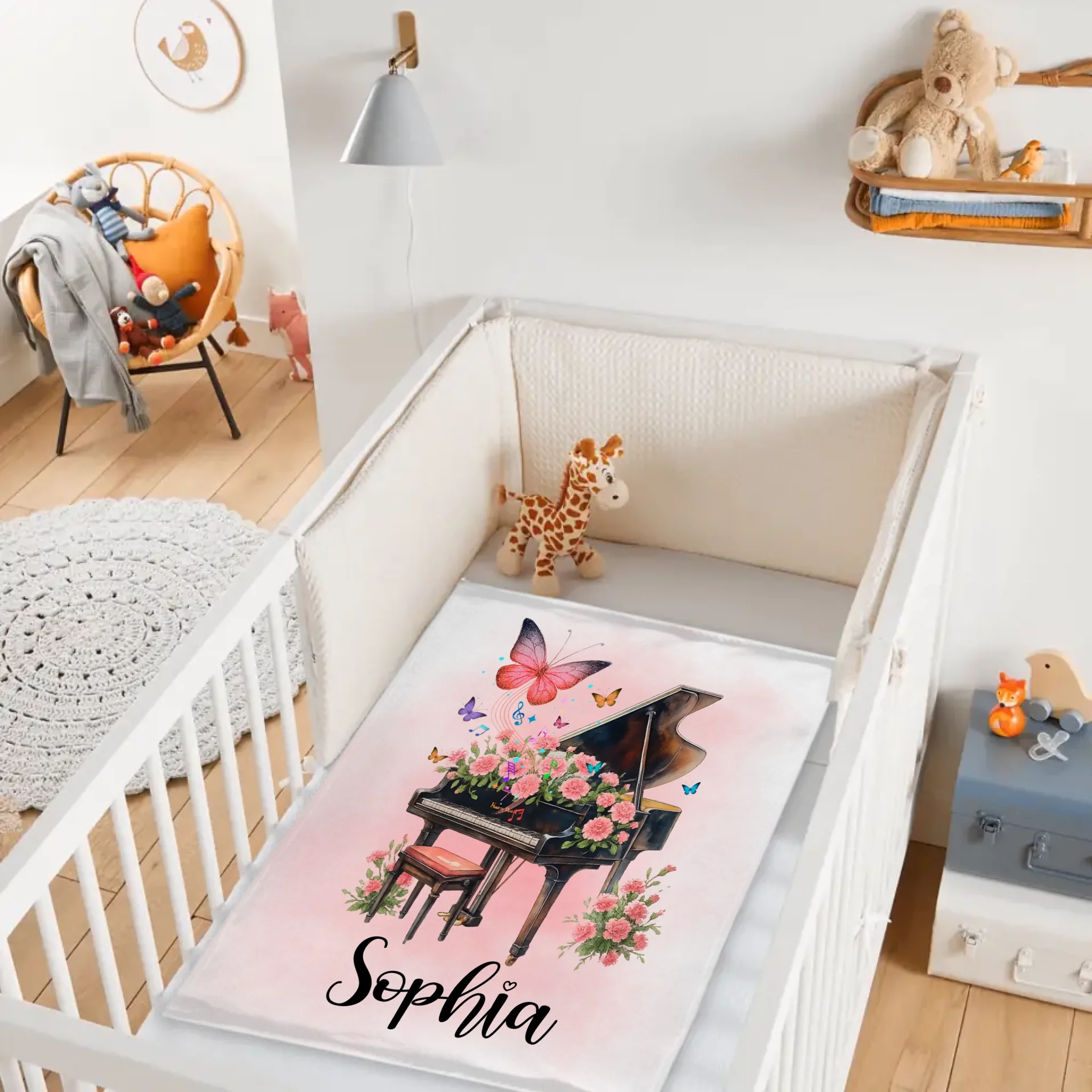 Custom Piano Flower Blanket - Personalized Piano & Butterfly Throw - Gift for Women & Girls