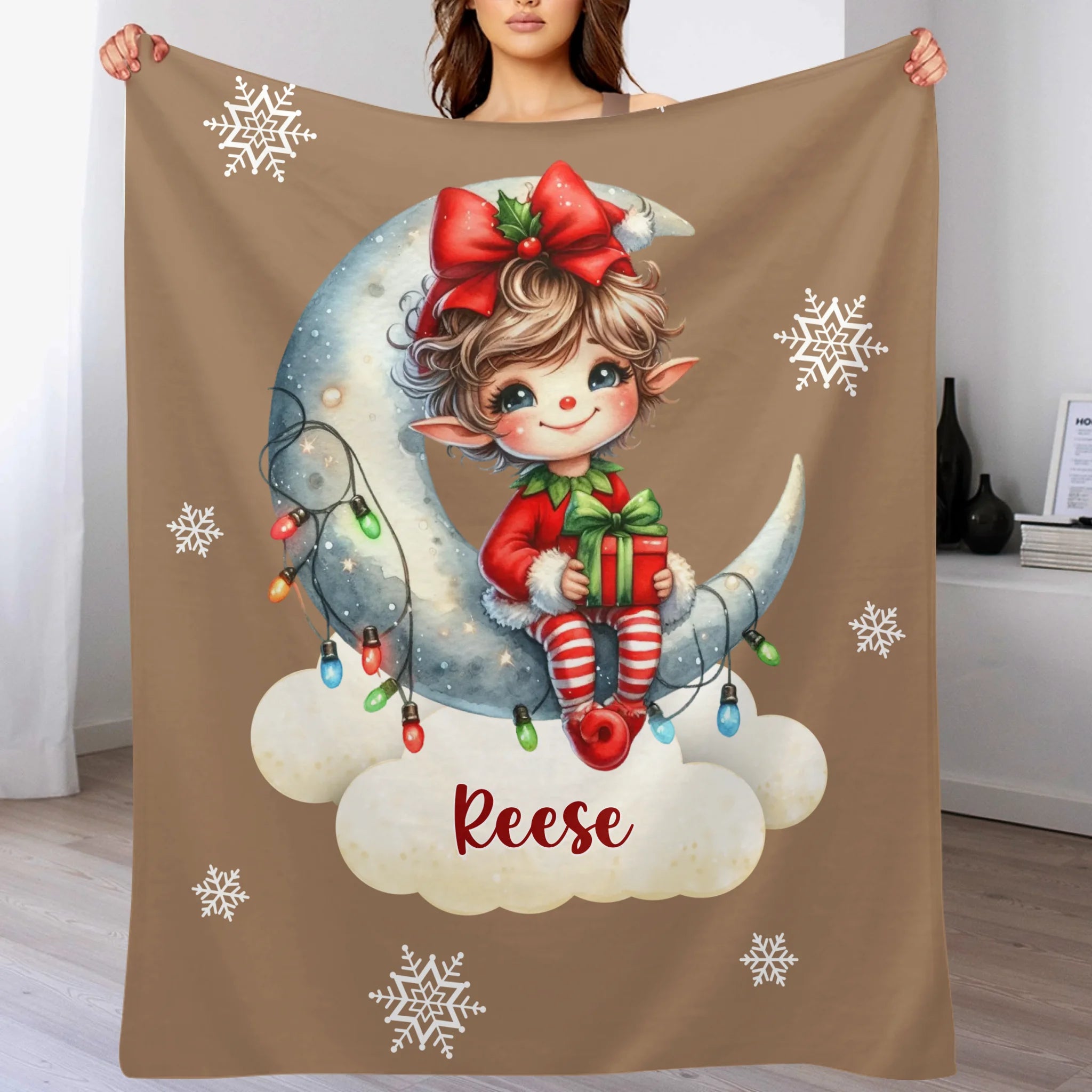 Custom Christmas Elf Blanket - Personalized Moon & Gift Throw - Gift for Kids & Baby Girls