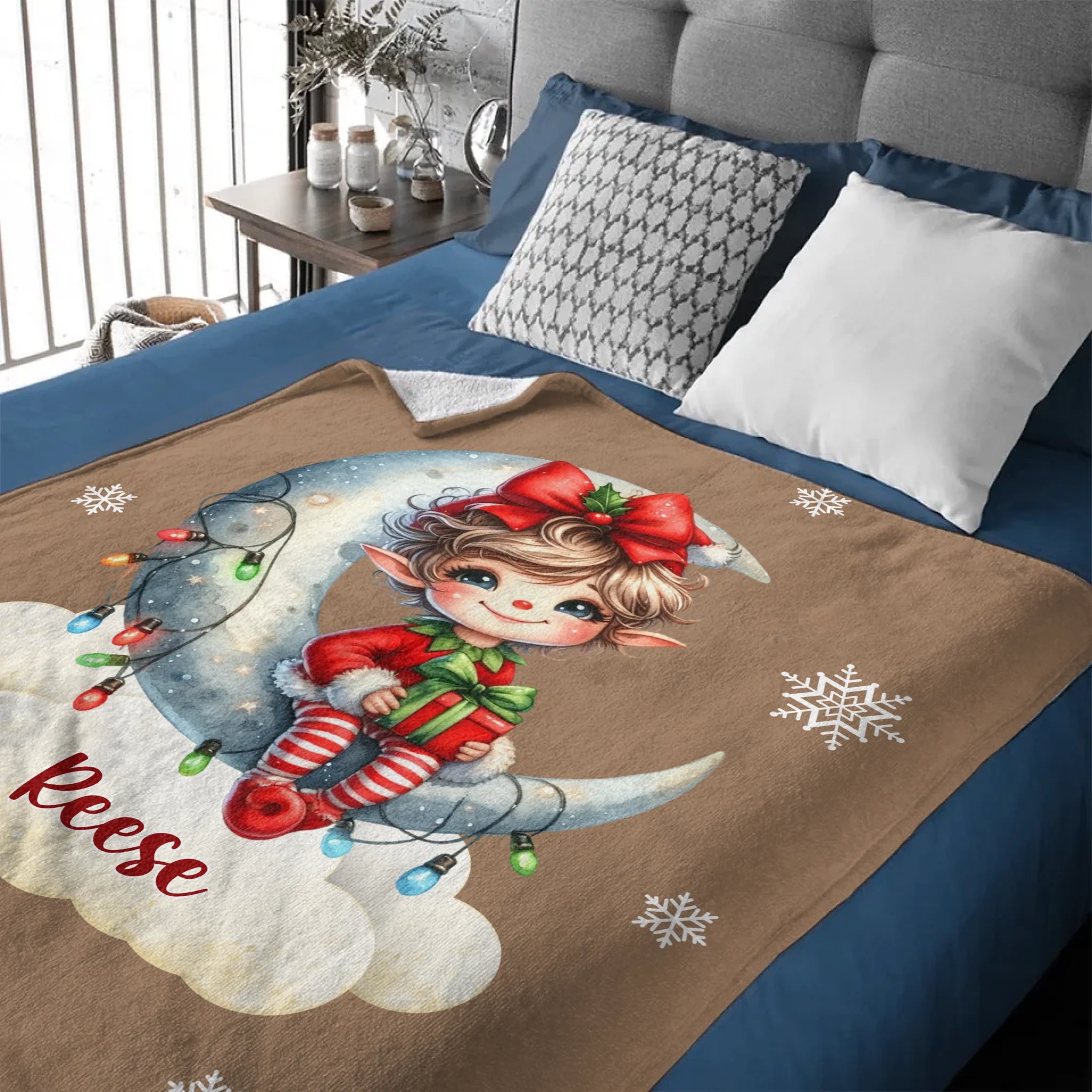 Custom Christmas Elf Blanket - Personalized Moon & Gift Throw - Gift for Kids & Baby Girls