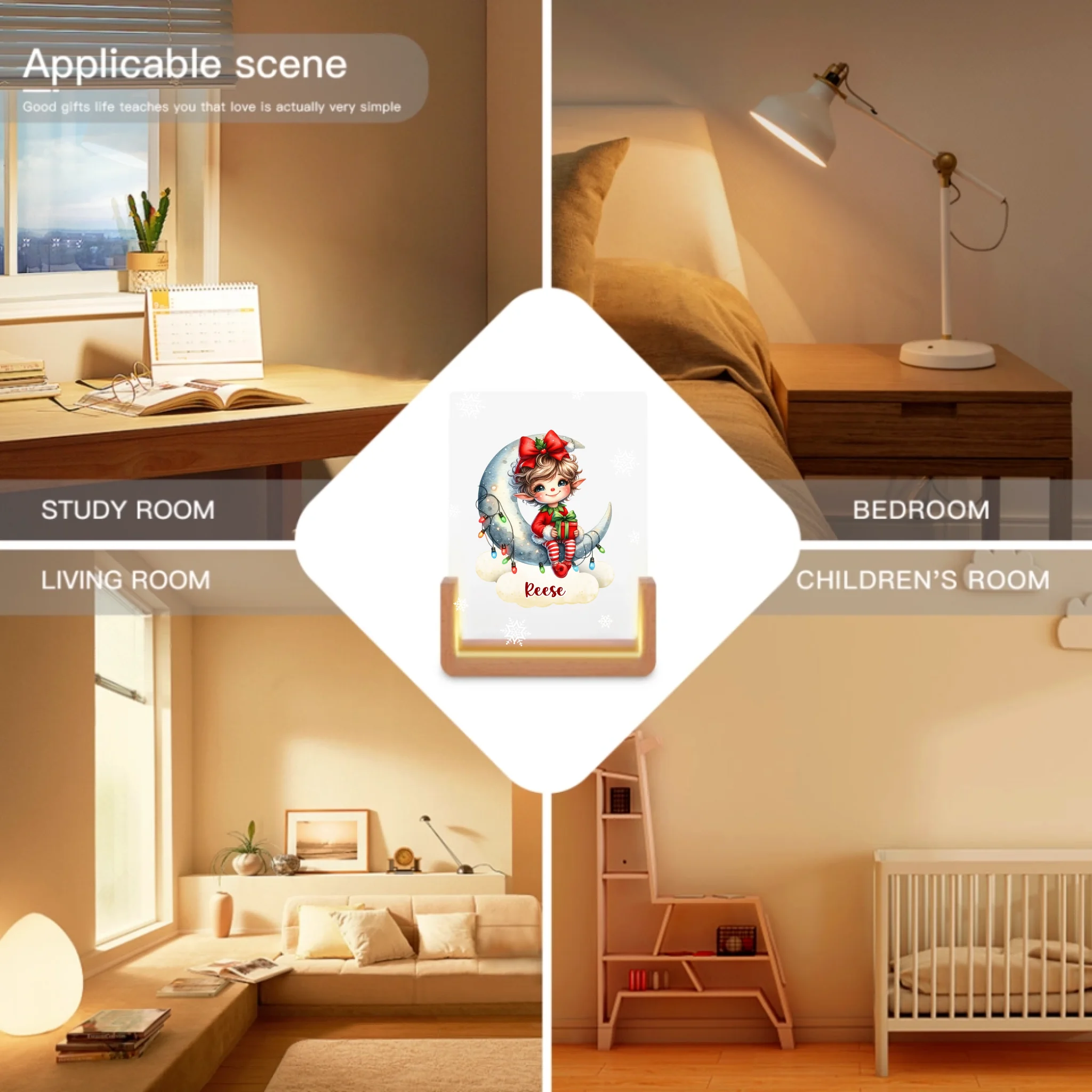 Custom Christmas Elf Night Light - Personalized Moon & Gift LED Lamp - Gift for Kids & Baby Girls