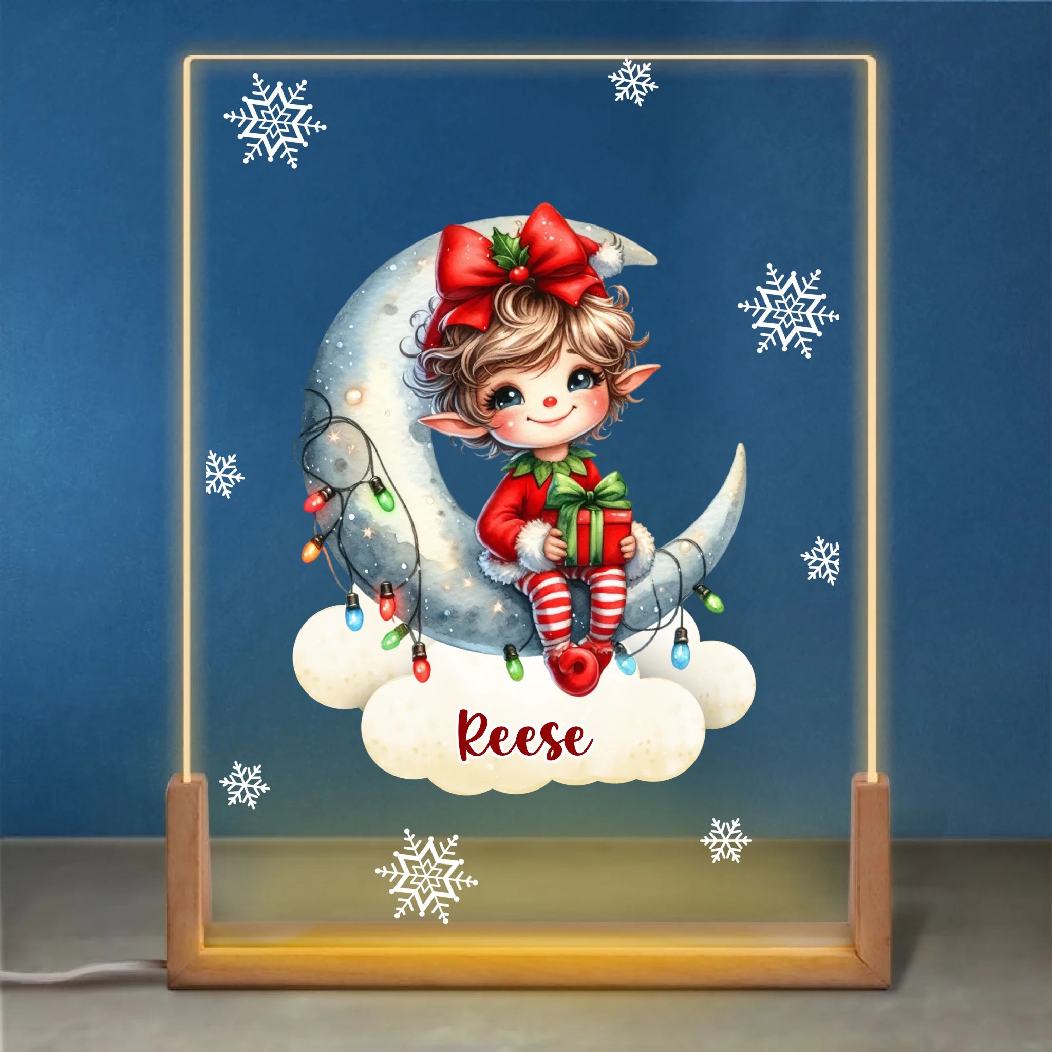 Custom Christmas Elf Night Light - Personalized Moon & Gift LED Lamp - Gift for Kids & Baby Girls