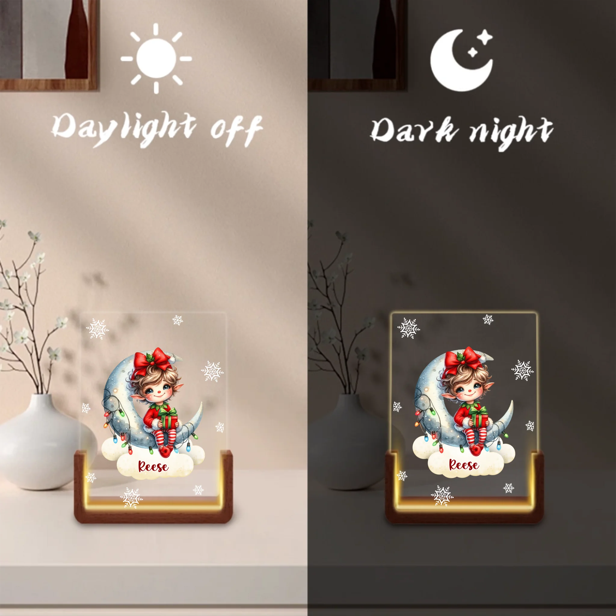 Custom Christmas Elf Night Light - Personalized Moon & Gift LED Lamp - Gift for Kids & Baby Girls