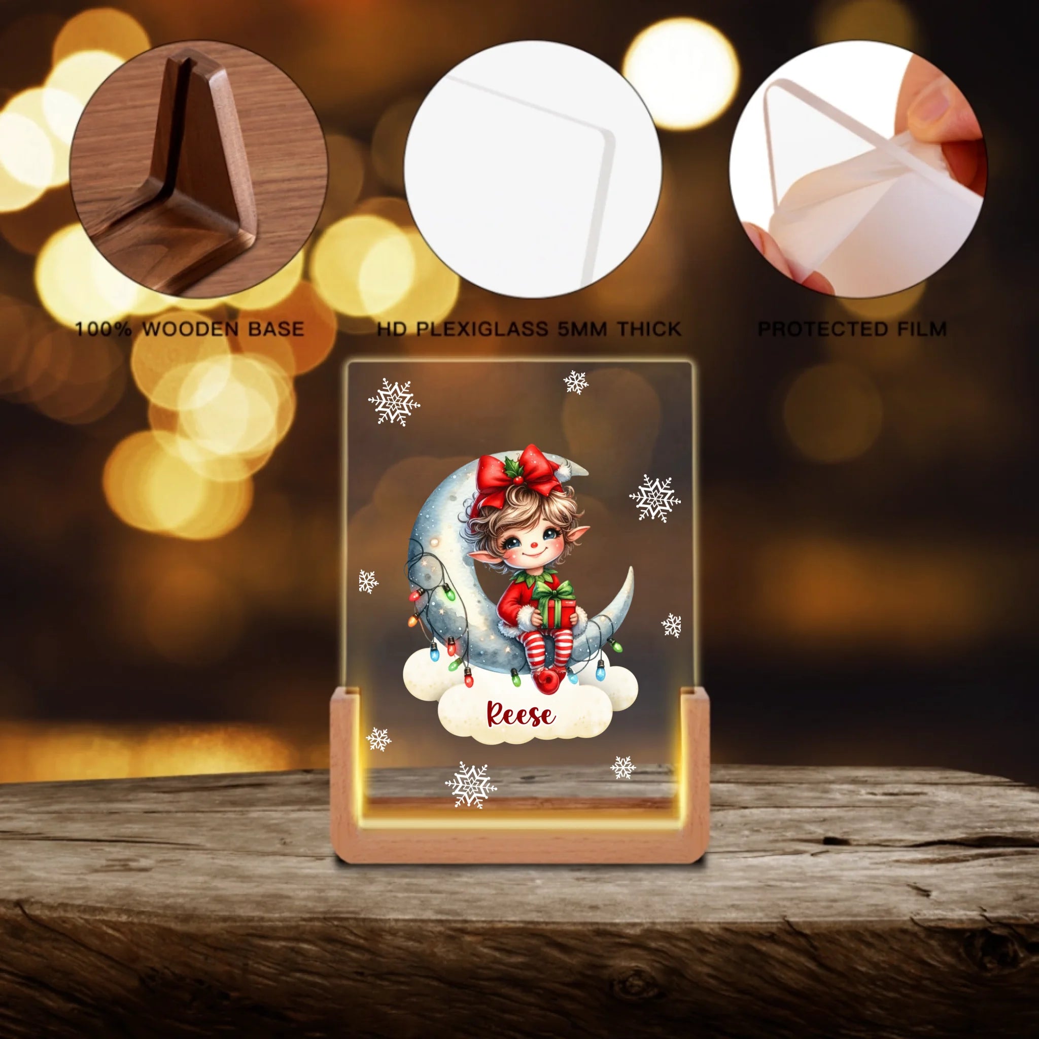 Custom Christmas Elf Night Light - Personalized Moon & Gift LED Lamp - Gift for Kids & Baby Girls