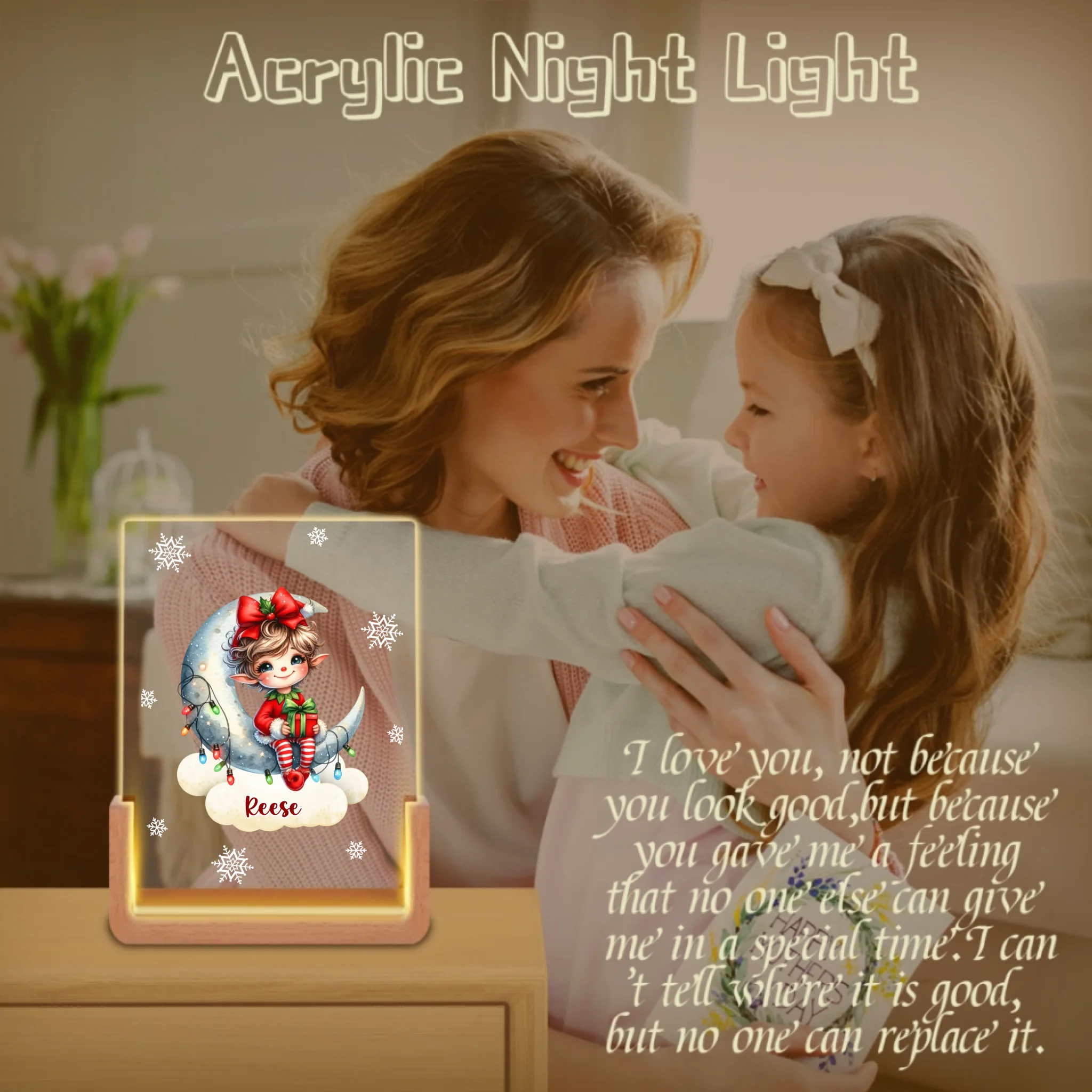 Custom Christmas Elf Night Light - Personalized Moon & Gift LED Lamp - Gift for Kids & Baby Girls