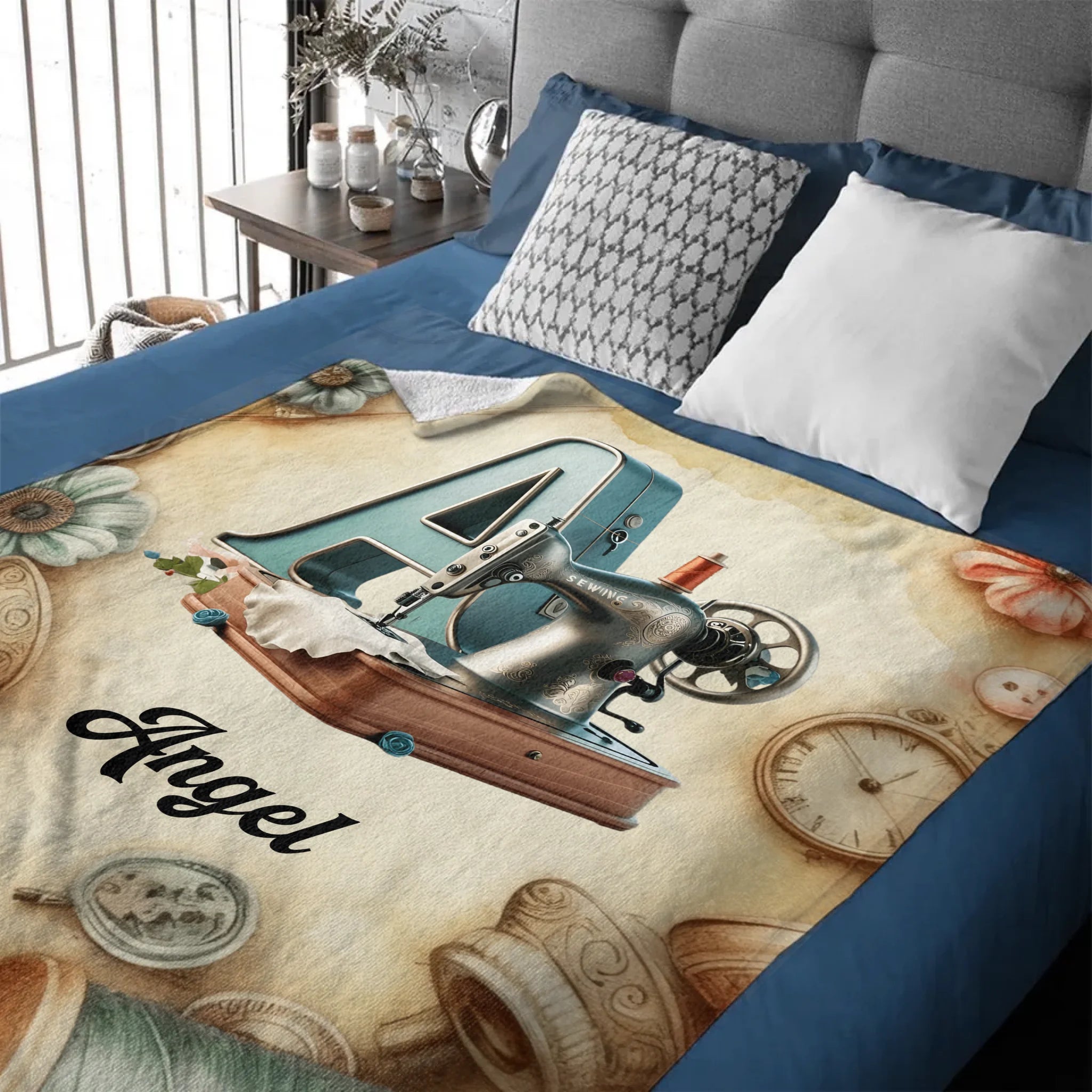 🧵Love Sewing Custom Blanket - Personalized Initial and Name - Gift for Sewing Enthusiast, Mom, Grandma