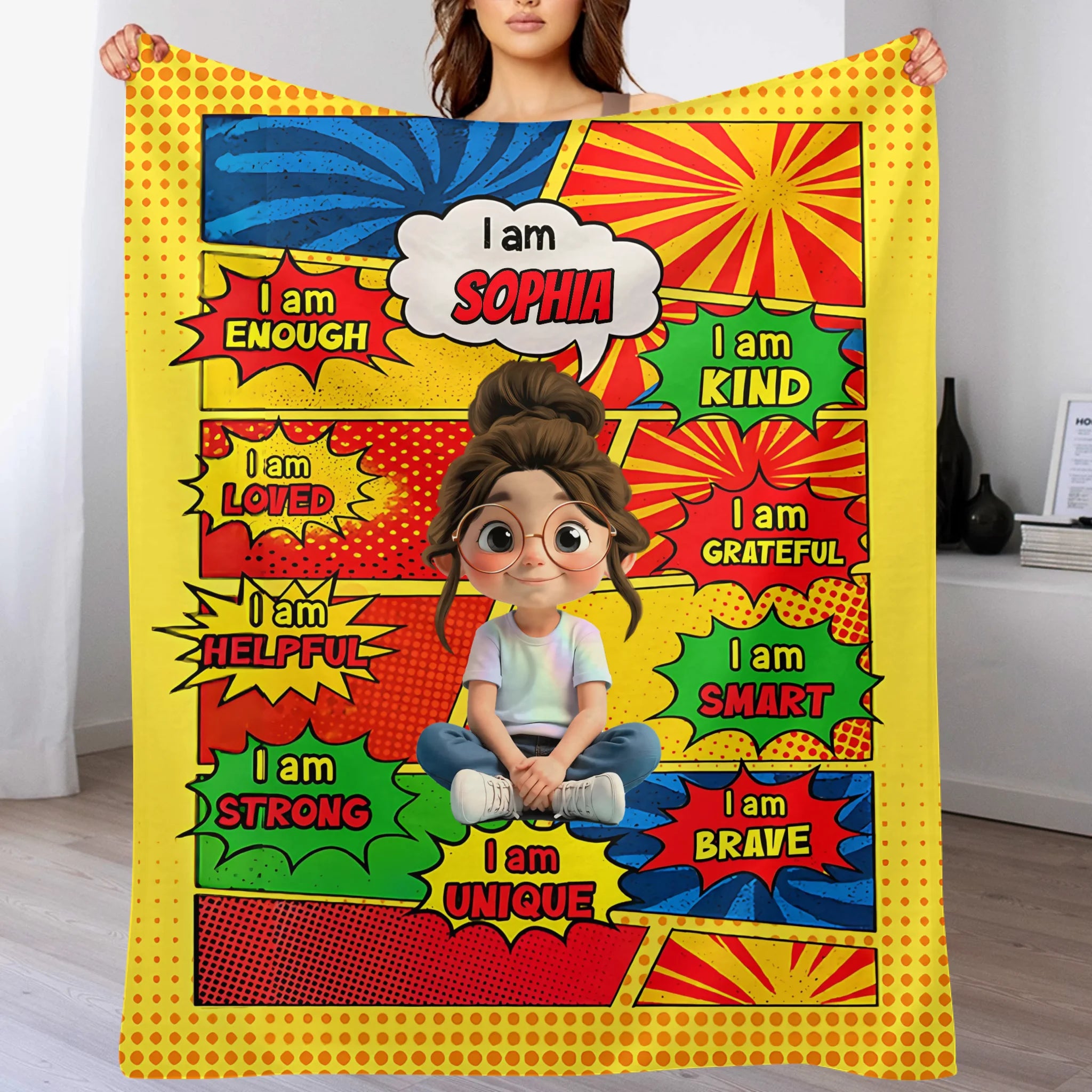 Empowering Comic Style Blast Themed Customized Blanket - Personalized Characters and Name - Gift for Kids, Baby