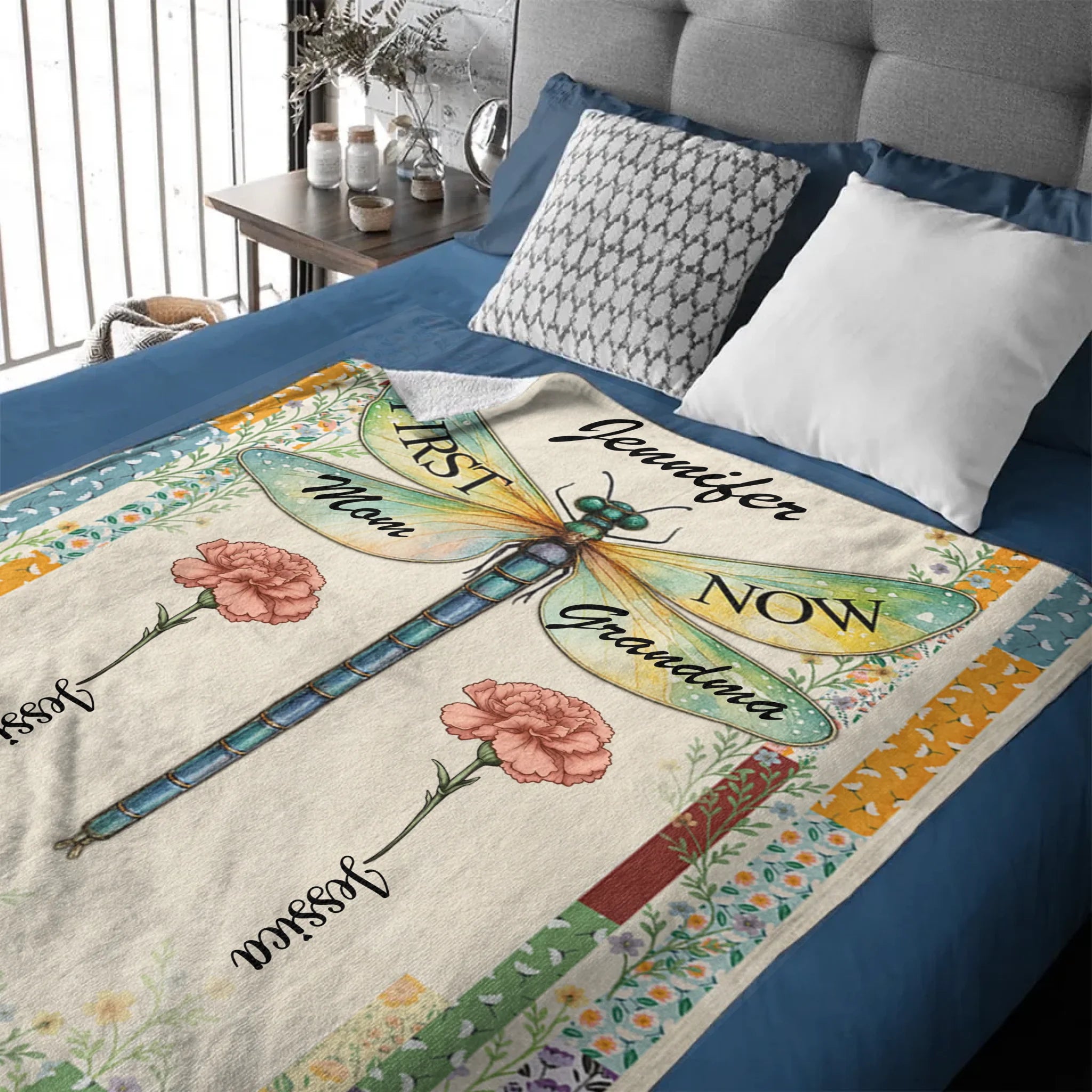 First and Now Customized Dragonfly Birthday Flower Blanket - Personalized Flowers and Names - Gift for Relatives, Family