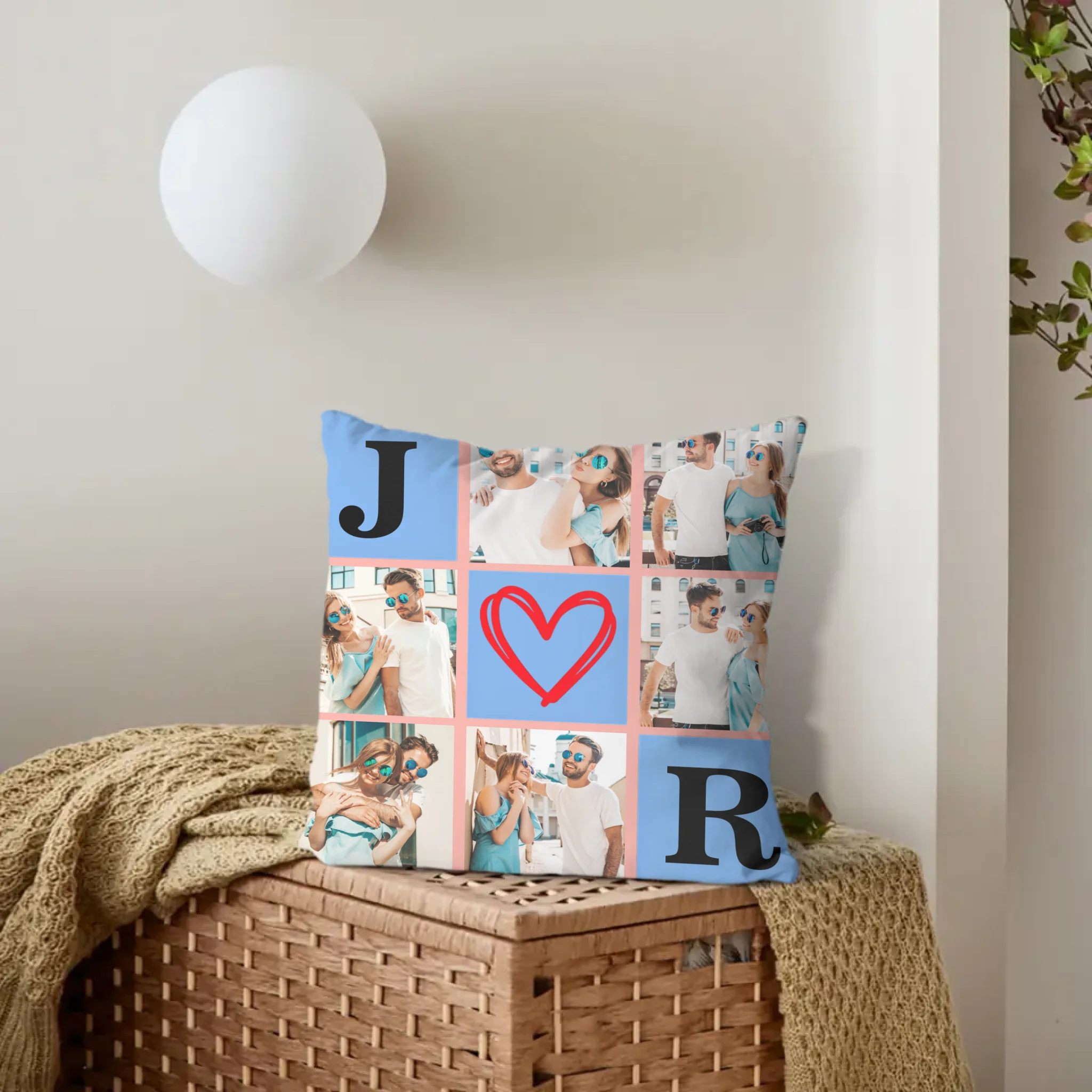 Customized Nine-grid Throw Pillow - Personalized 6 Photos Collage Initial Pillow - Anniversary Gift