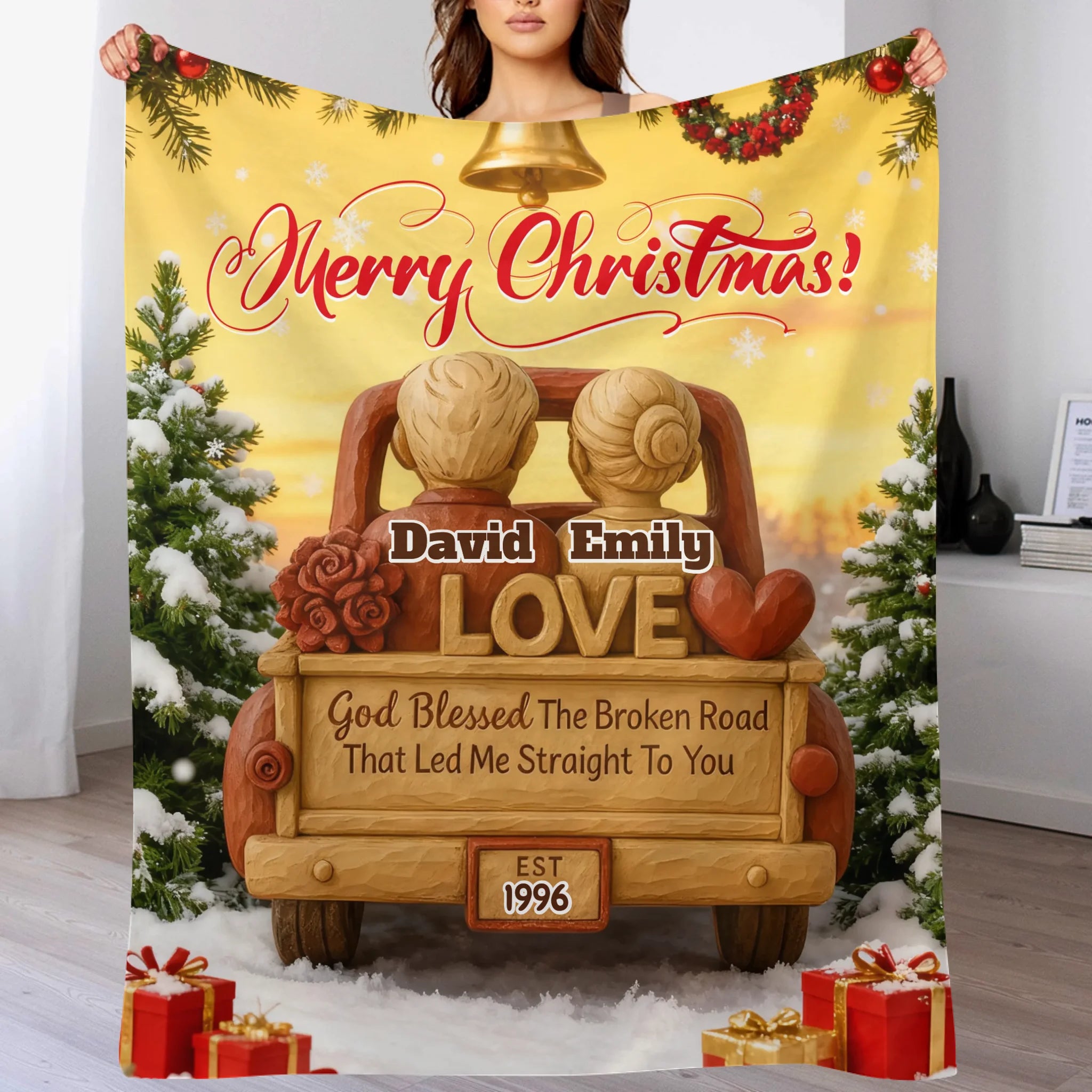 God Blessed The Broken Road, Car And Hearts Customized Flannel Blanket - Personalized Names and Year - Christmas Gift For Couples